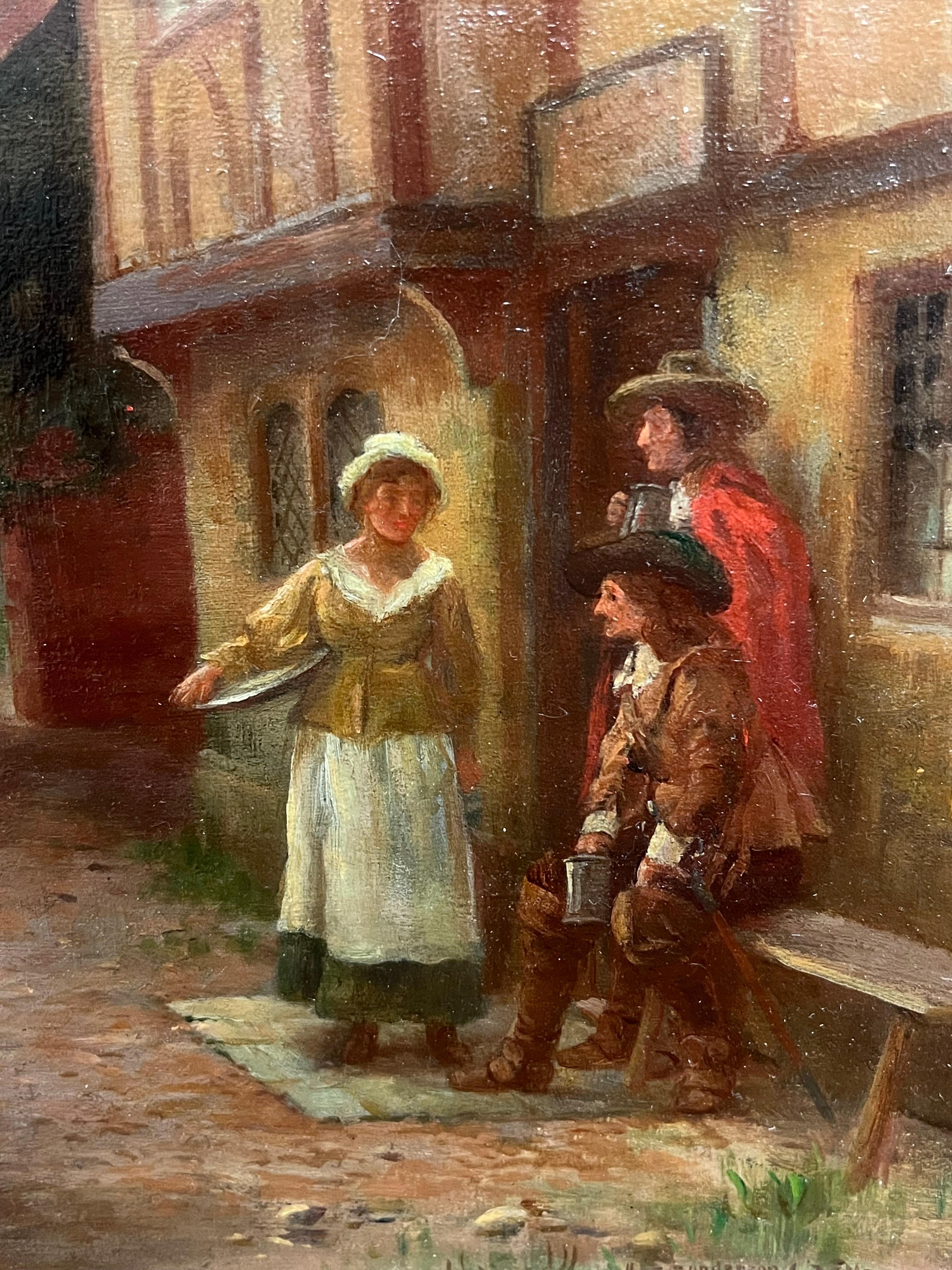 Pintura al óleo victoriana Hombres de caballería descansando Taberna de pueblo Posada al borde de la carretera - Painting Victoriano de J Sanderson Wells