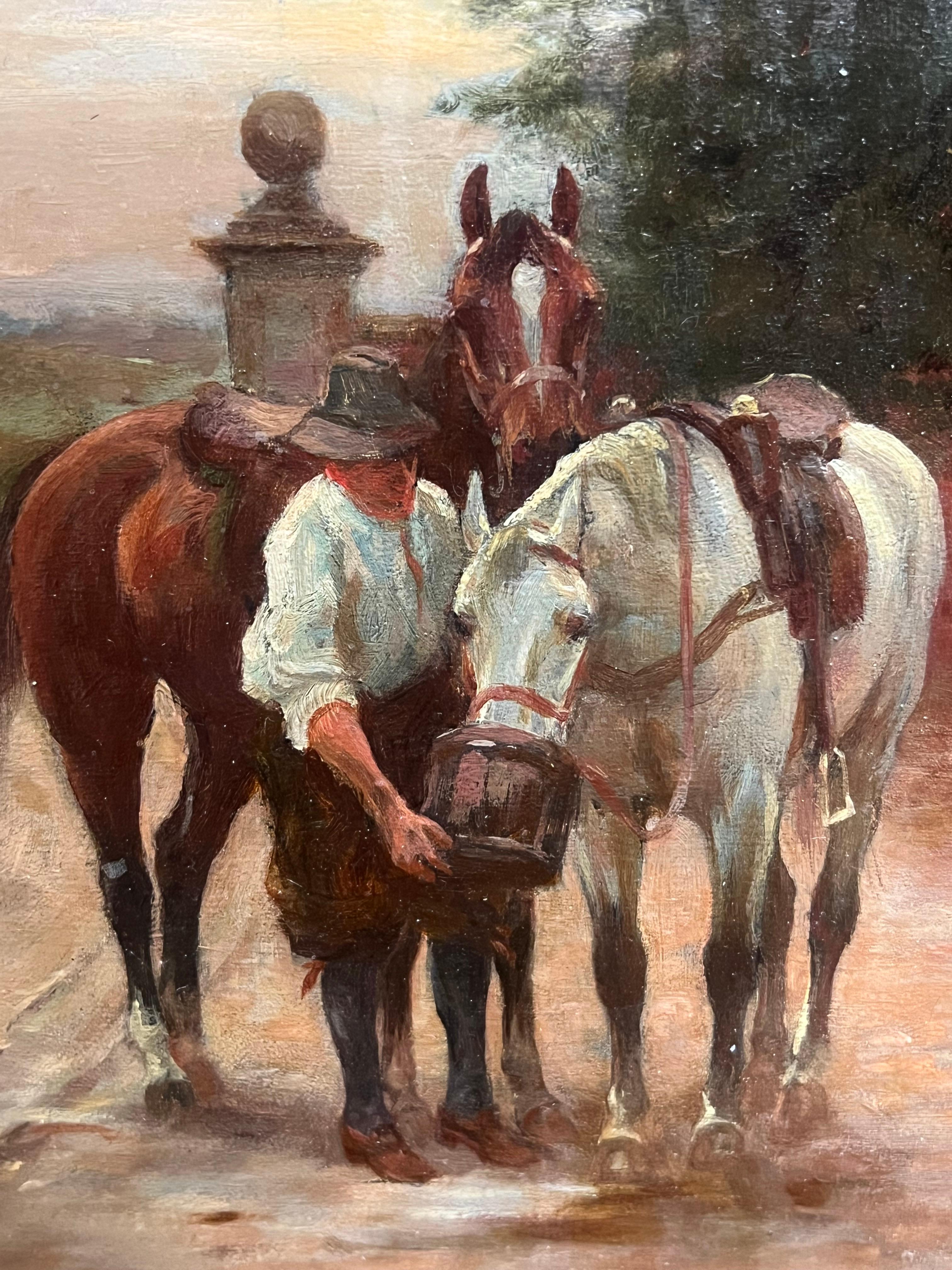 Pintura al óleo victoriana Hombres de caballería descansando Taberna de pueblo Posada al borde de la carretera - Landscape Painting Marrón de J Sanderson Wells