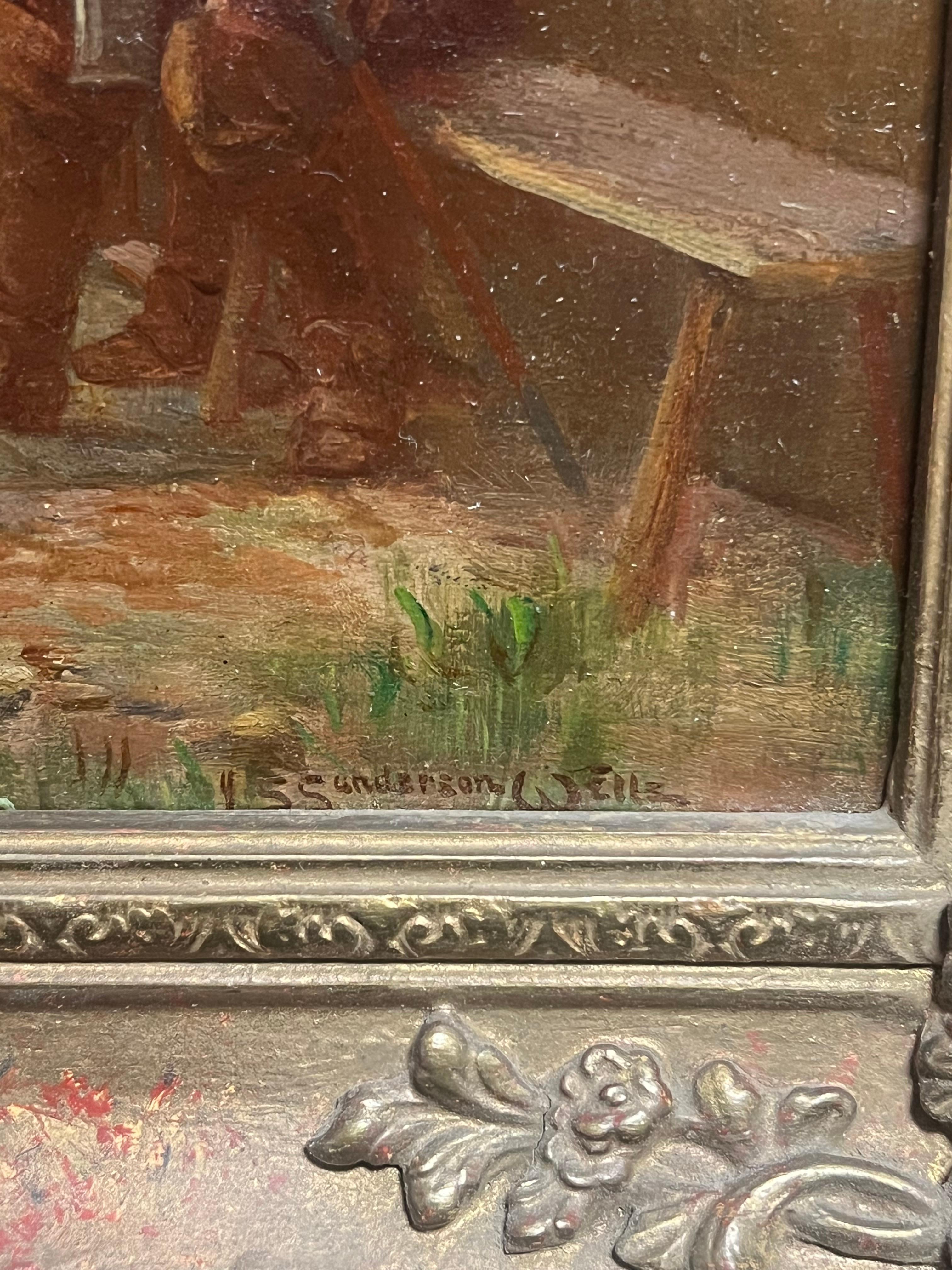 Pintura al óleo victoriana Hombres de caballería descansando Taberna de pueblo Posada al borde de la carretera en venta 1
