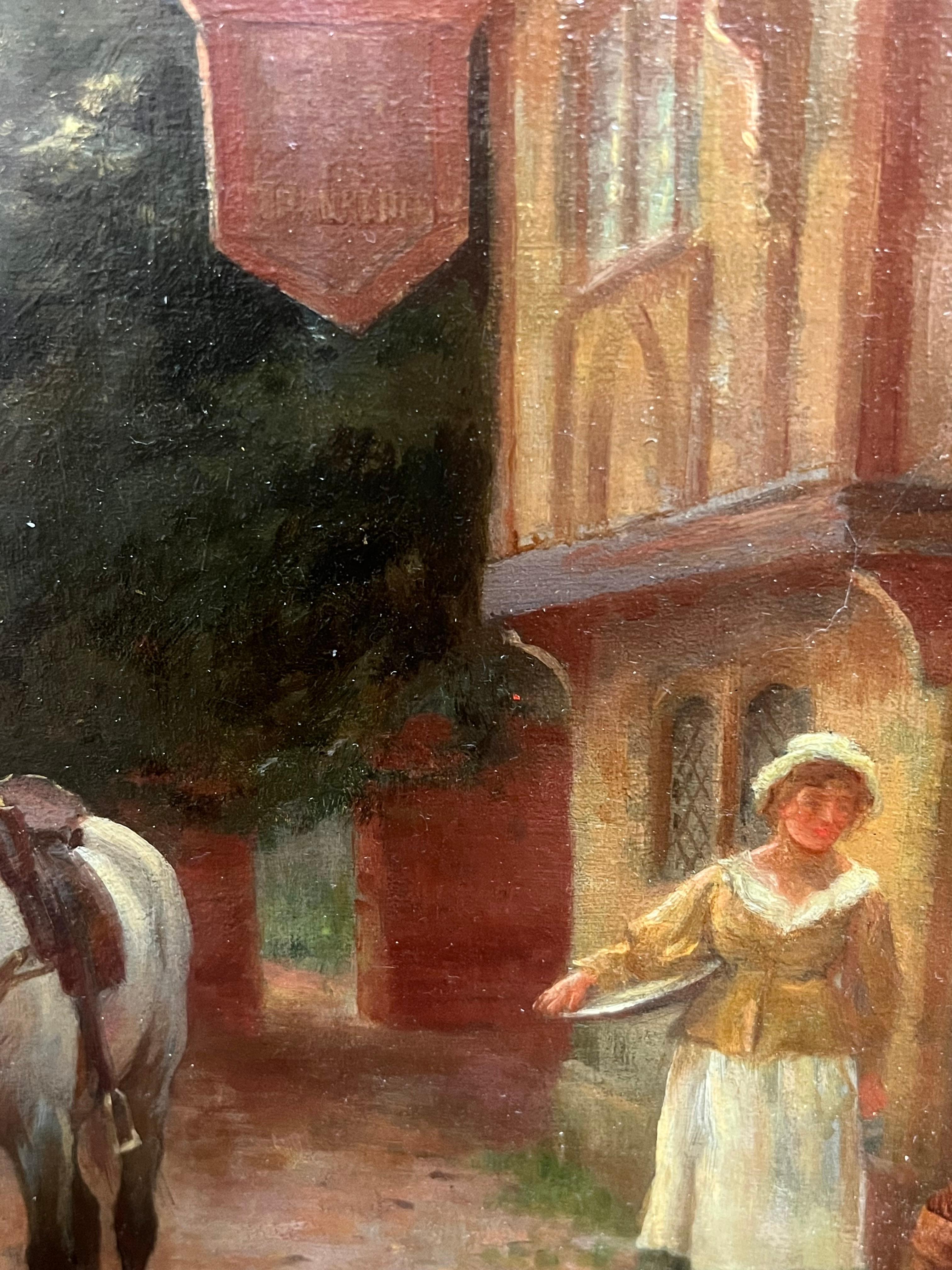 Pintura al óleo victoriana Hombres de caballería descansando Taberna de pueblo Posada al borde de la carretera en venta 2
