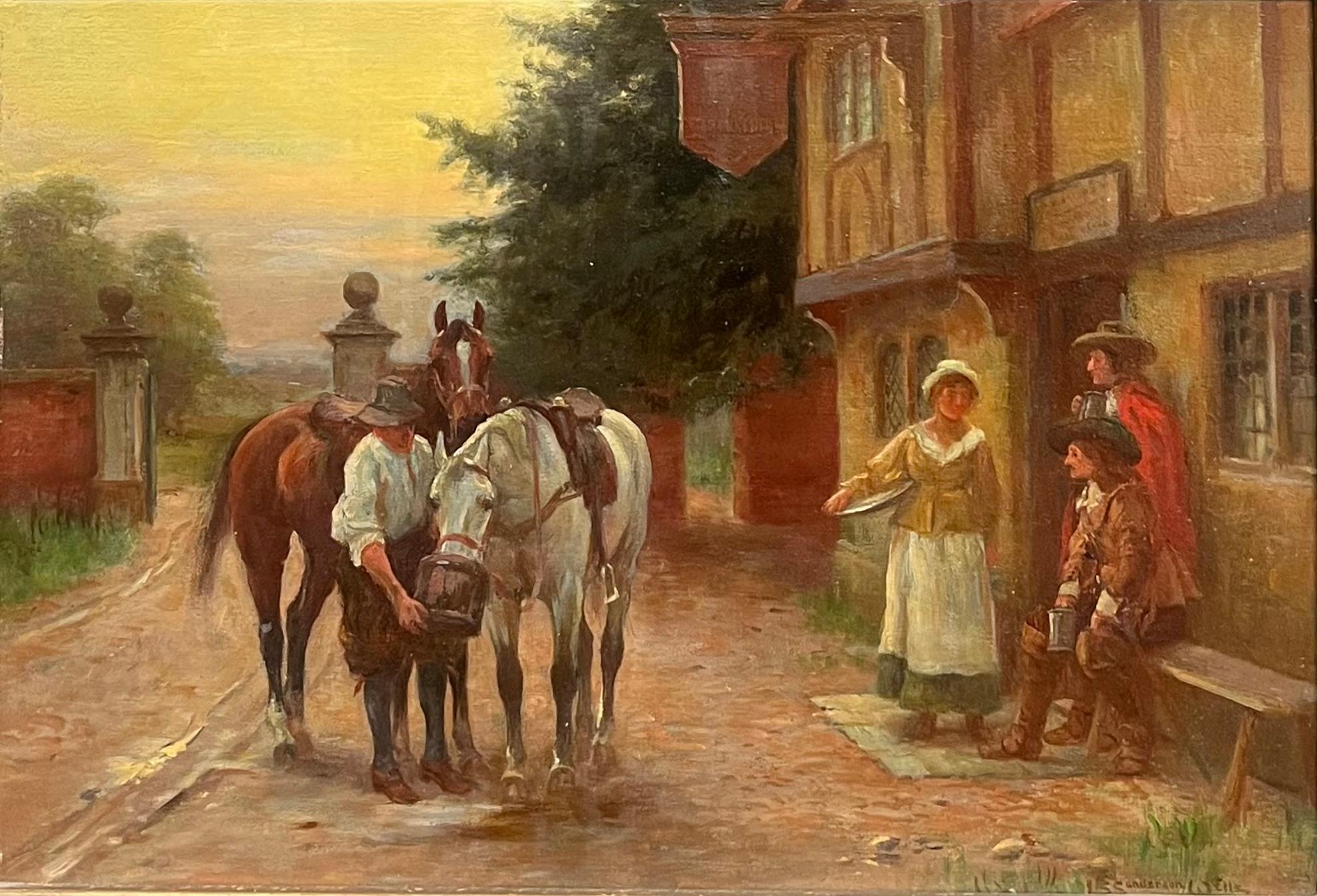 Landscape Painting de J Sanderson Wells - Pintura al óleo victoriana Hombres de caballería descansando Taberna de pueblo Posada al borde de la carretera