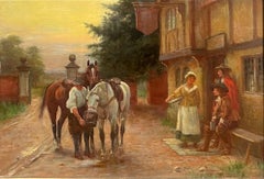 Belle peinture à l'huile victorienne Hommes de cavalerie au repos Taverne de village Auberge de bord de route