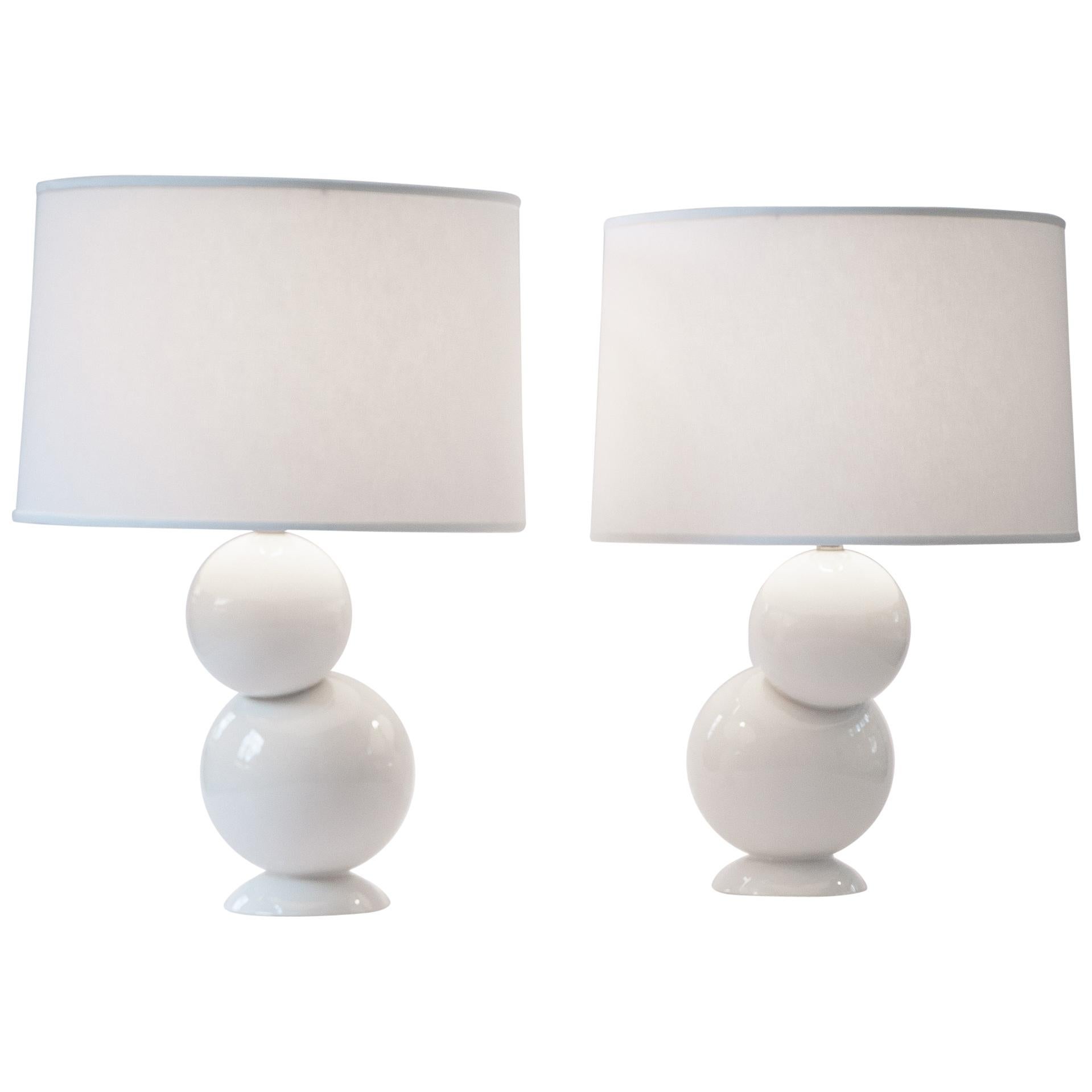 J Schatz Studio 2018 White Bubble Table Lamp Pair - Mid Century Mod Stoneware For Sale