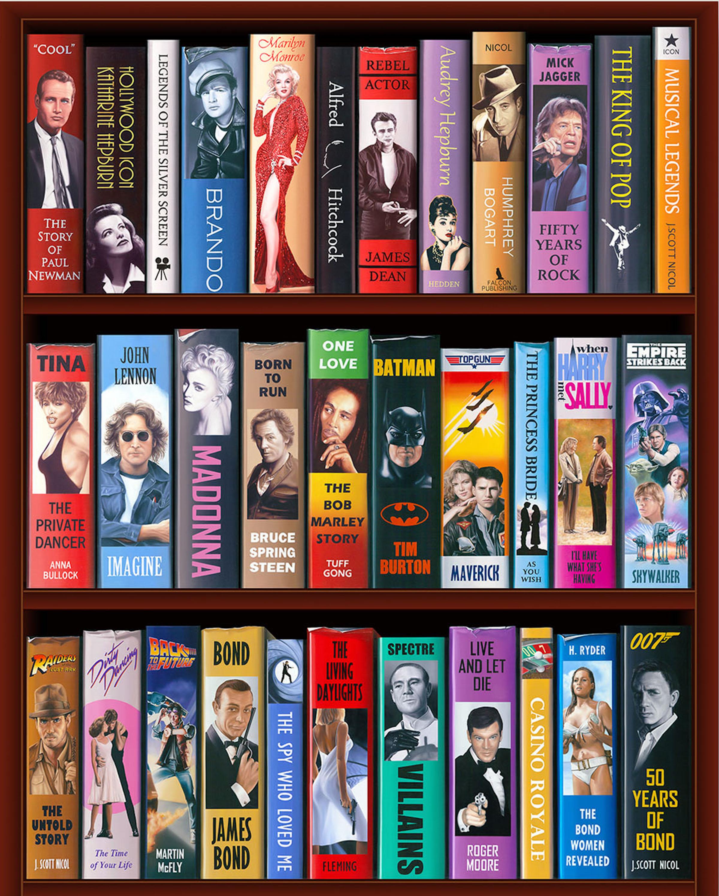 J. Scott Nicol Still-Life Print - 50 Years of Bond Bookcase 2/150 Giclee -- Please see video