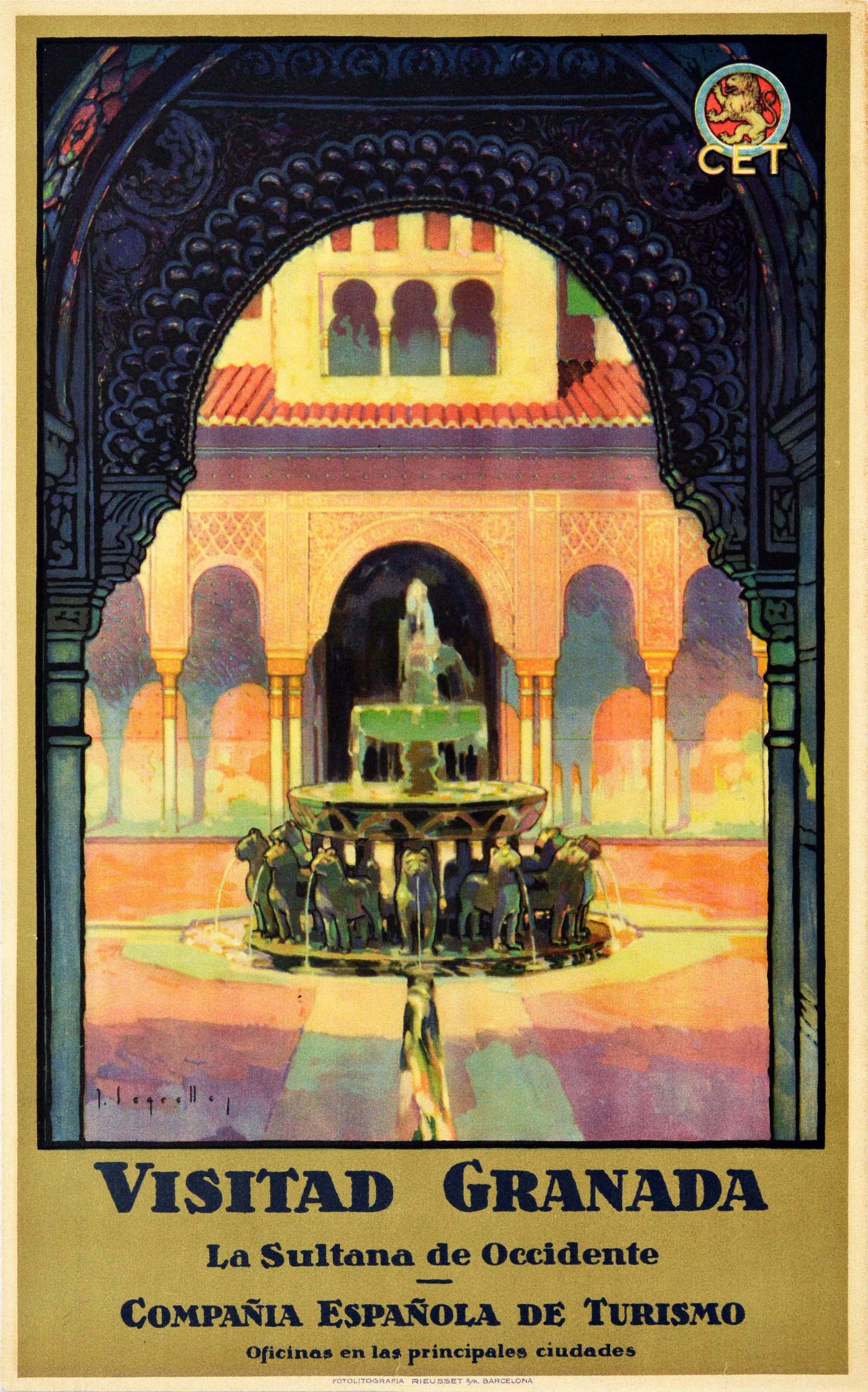 J. Segrelles Print - Original Vintage Poster Visitad Granada Alhambra Moorish Palace Lions Travel Art