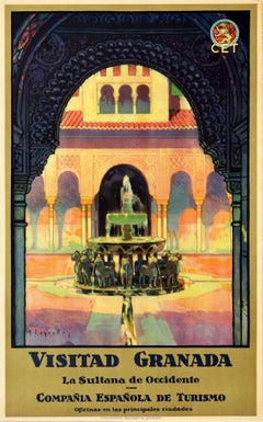 Original Vintage Poster Visitad Granada Alhambra Moorish Palace Lions Travel Art