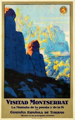 Original Vintage Travel Poster Visitad Montserrat Mountain Abbey Poetry & Faith