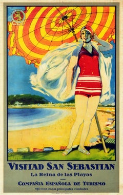 Original Antique Travel Poster Visitad San Sebastian Queen Of The Beach Resort