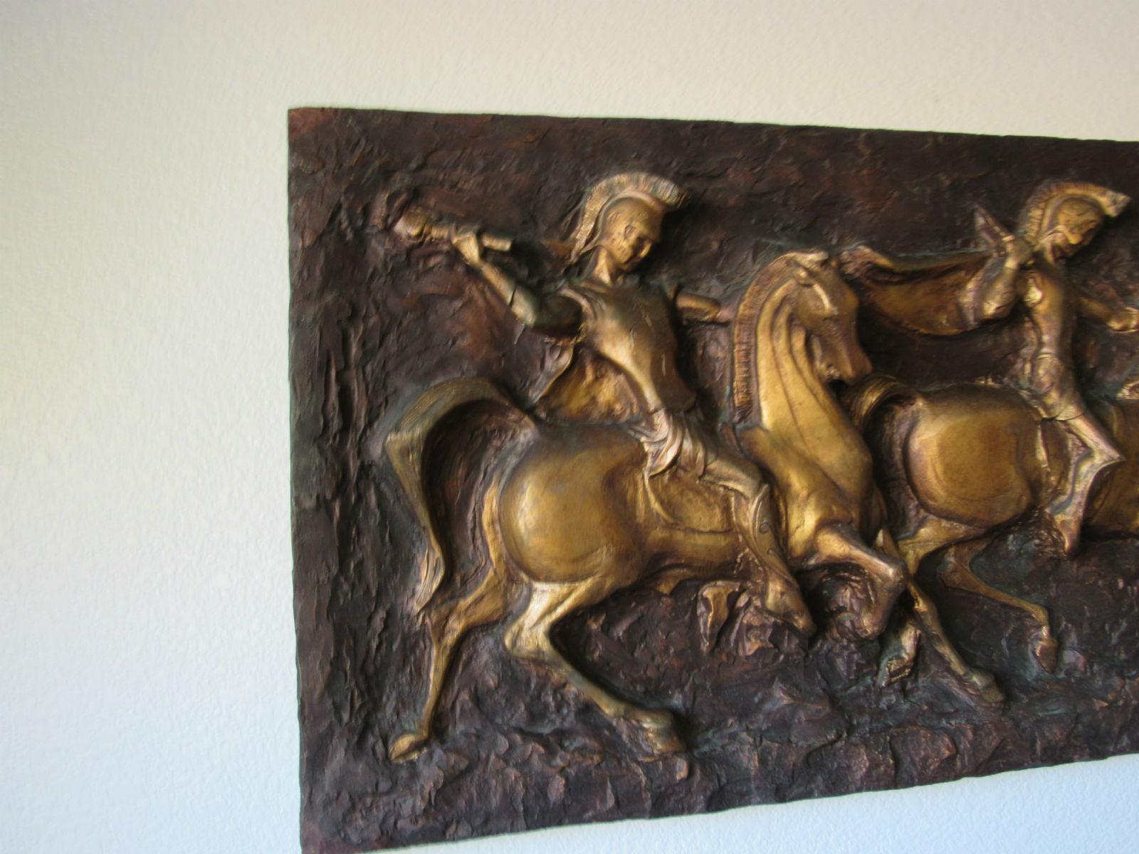 Mid-Century Modern J. Segura Roman Soldiers on Horses Cast Resign Wall Sculpture, 1960s For Sale