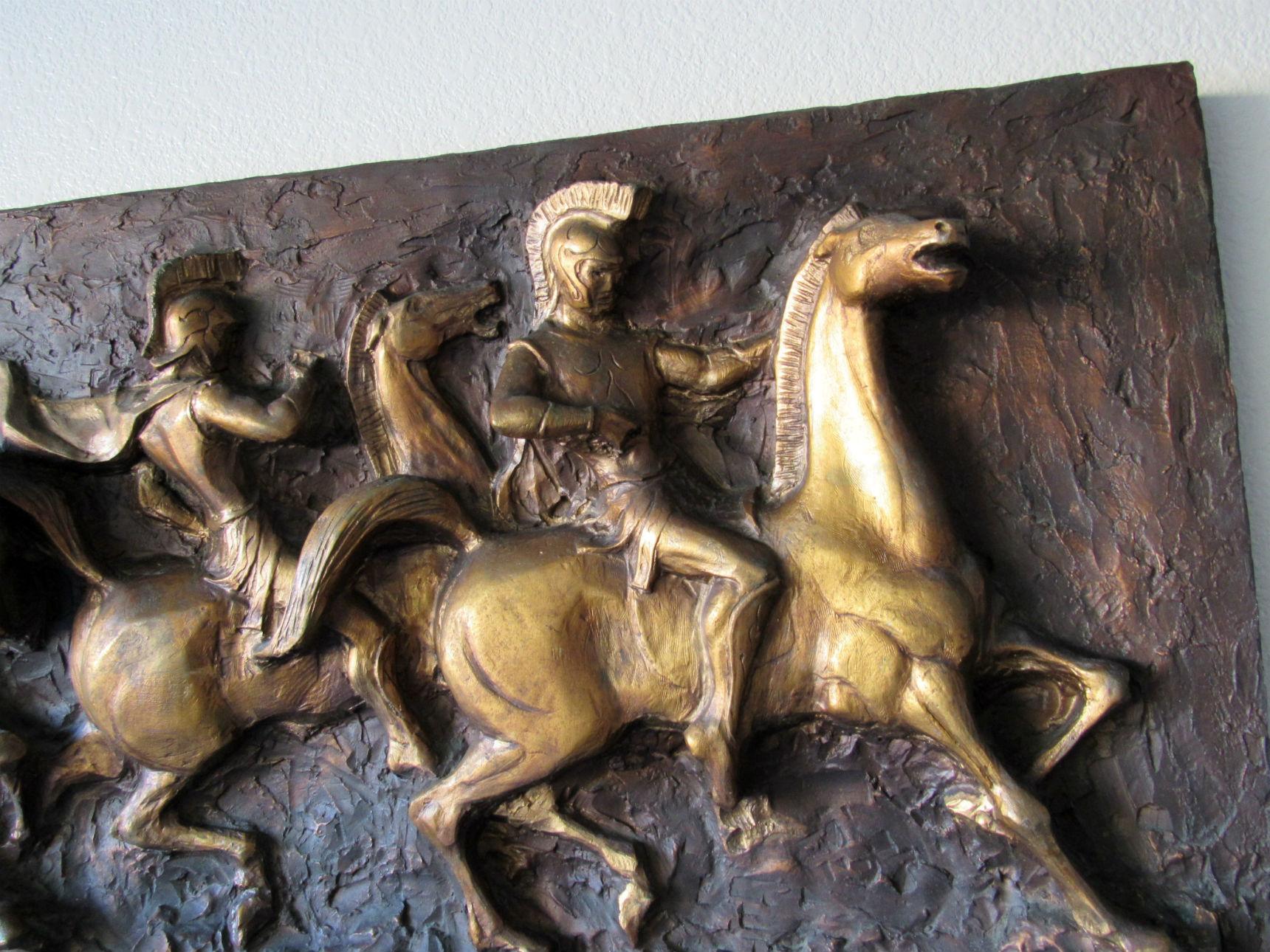 American J. Segura Roman Soldiers on Horses Cast Resign Wall Sculpture, 1960s For Sale