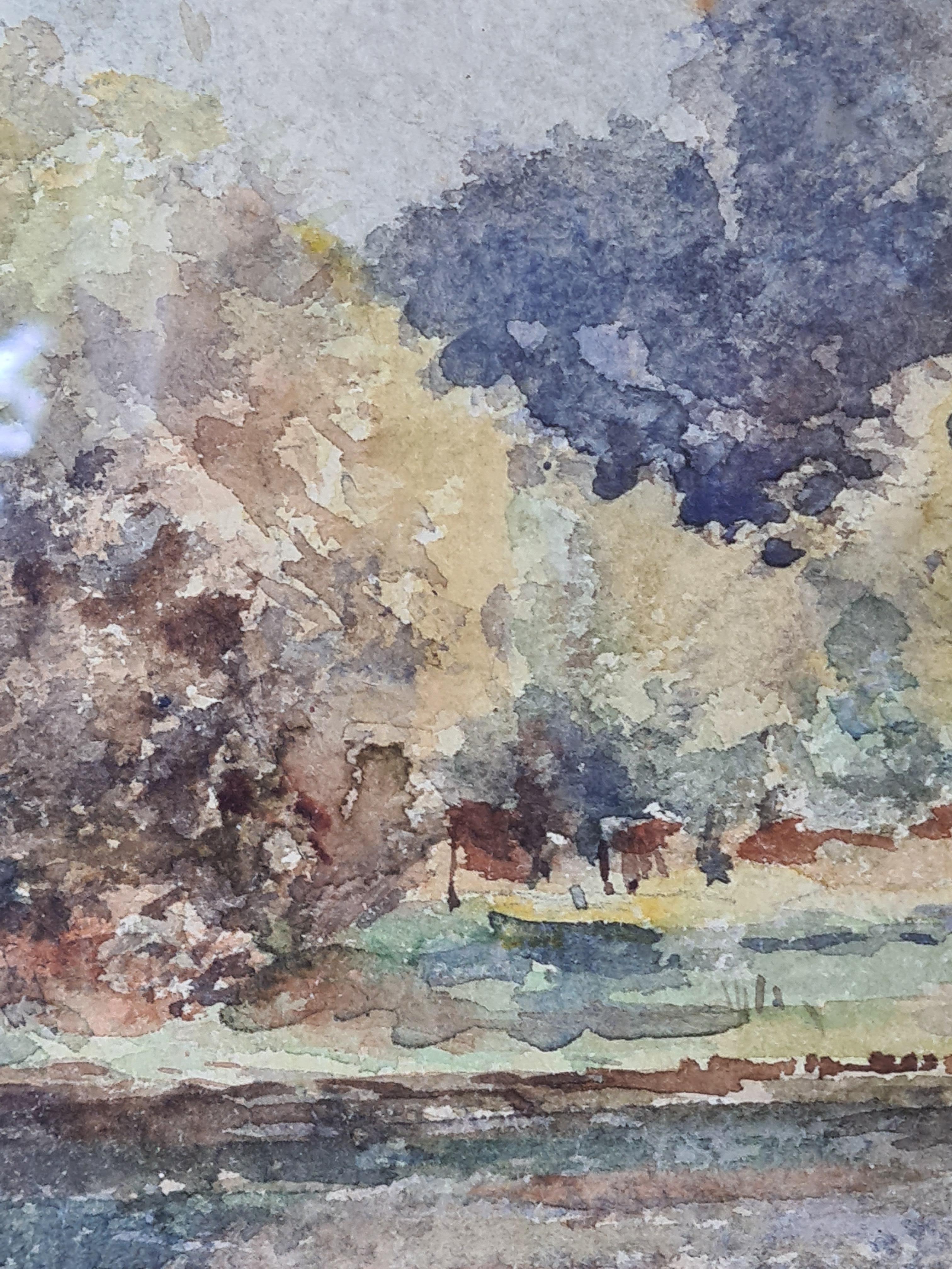 A French Barbizon School watercolour view of a river landscape by J Smie. The painting is signed and dated bottom right. Presented in a gilt and patinated wood frame under glass.

A very charming view of a river running in a landscape. The artist