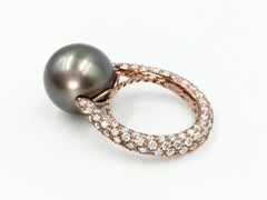 J. Stella 18 Karat Rose Gold Tahitian Pearl and Pavé Diamond Cocktail Ring