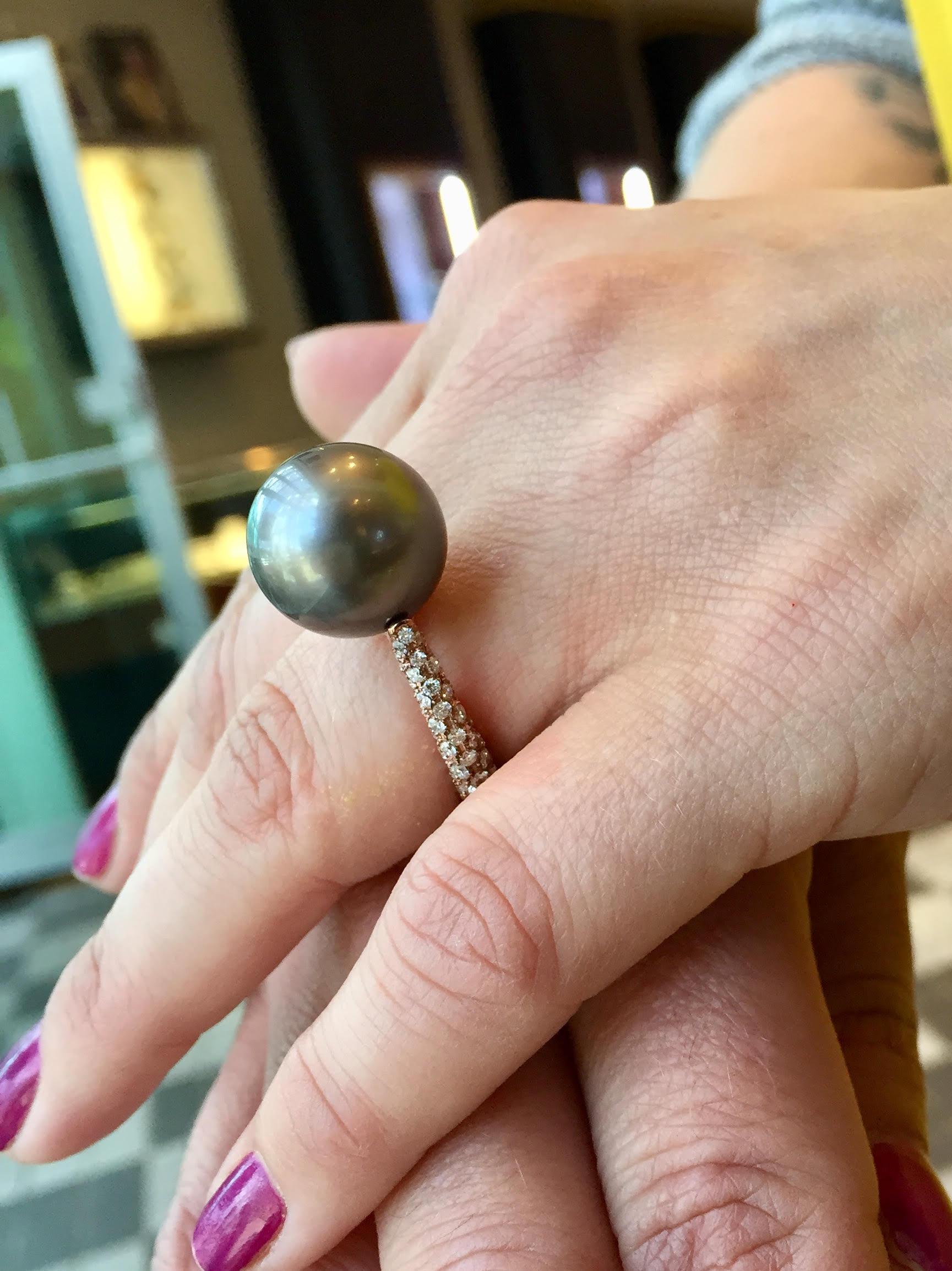 Round Cut J. Stella 18 Karat Rose Gold Tahitian Pearl and Pavé Diamond Cocktail Ring For Sale