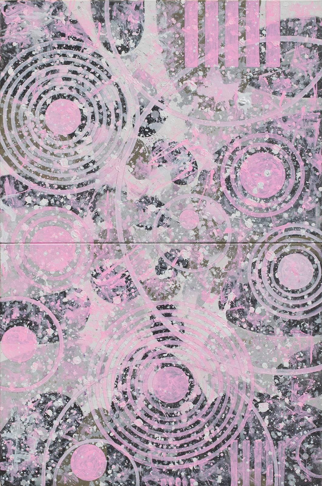 J. Steven Manolis Abstract Painting - Pink Concentric Party (Black, Grey, Abstract Expressionist Painting)