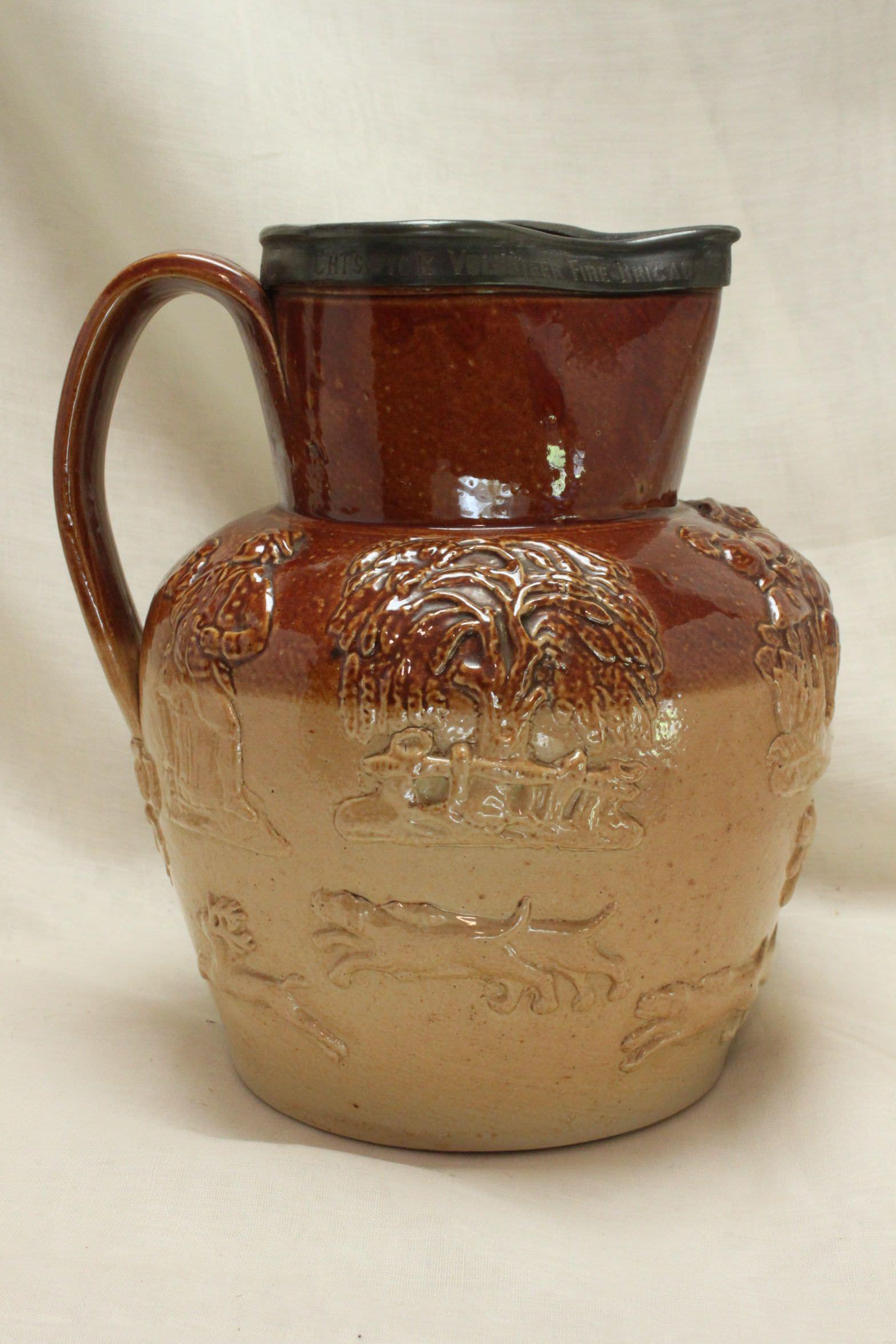 English J Stiff Harvest ware jug given as fire fighting prize 1881 For Sale