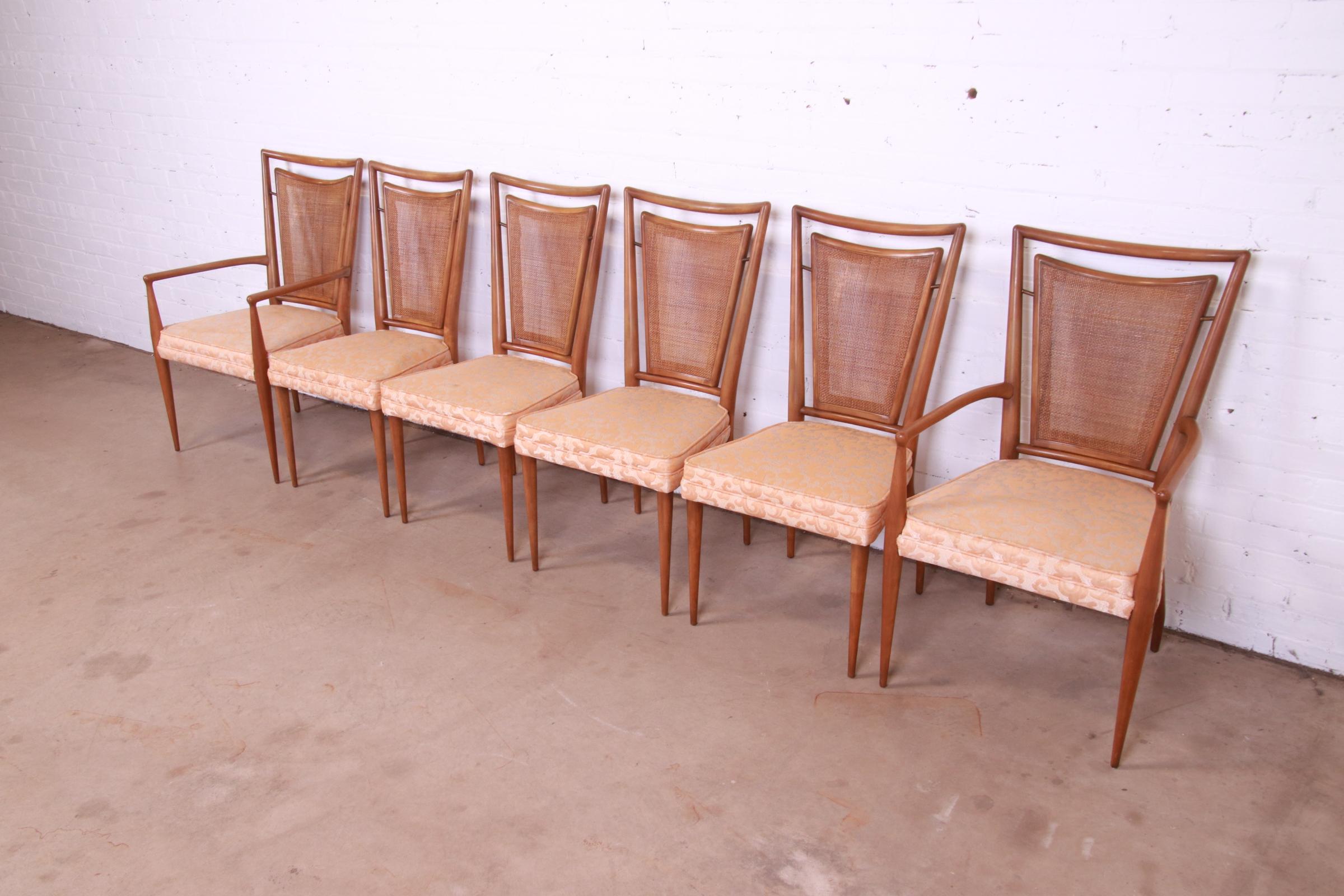 Mid-Century Modern J. Stuart Clingman for John Widdicomb Sculpted Walnut Cane Back Dining Chairs
