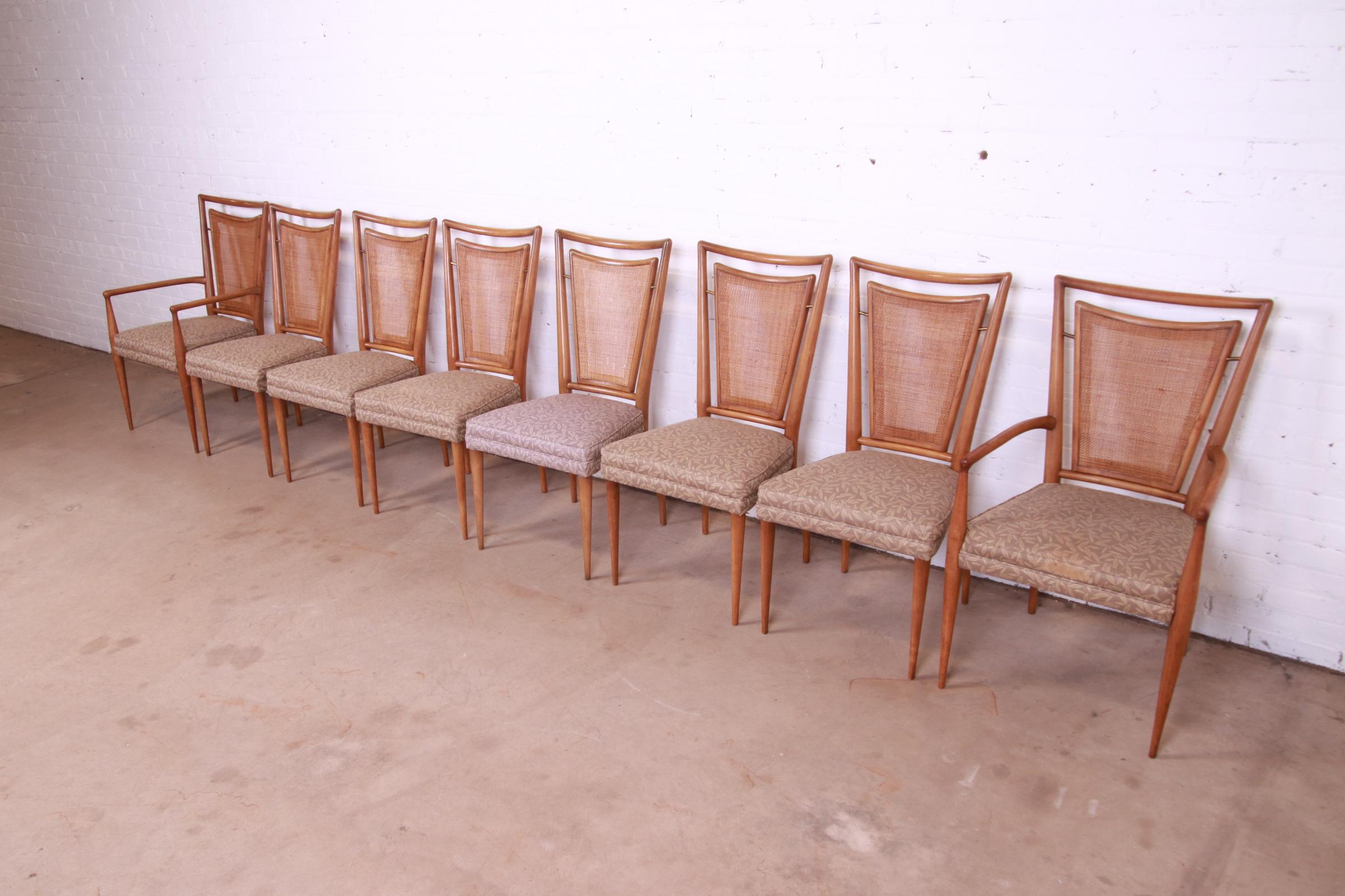 Mid-Century Modern J. Stuart Clingman for John Widdicomb Sculpted Walnut Cane Back Dining Chairs