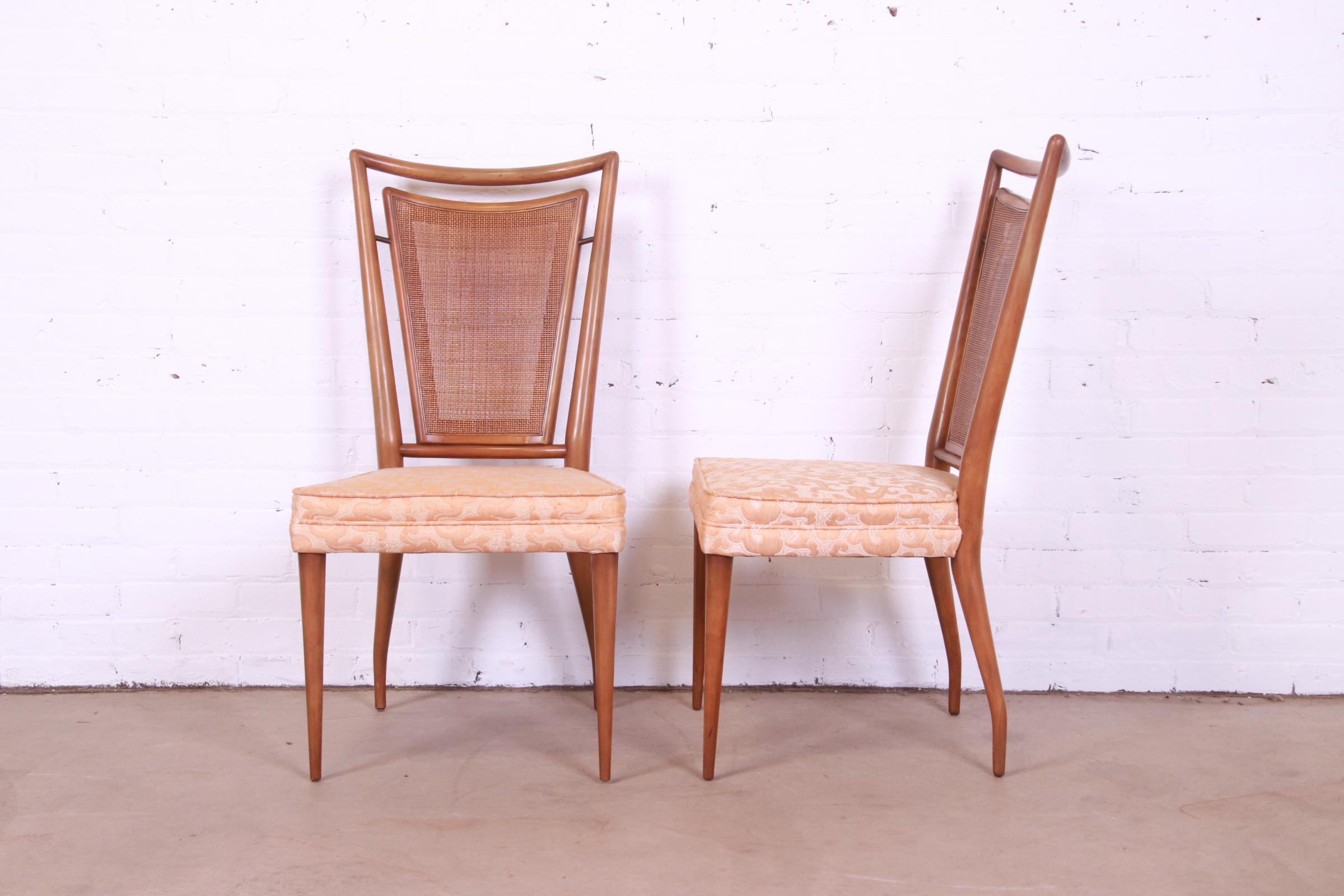 Brass J. Stuart Clingman for John Widdicomb Sculpted Walnut Cane Back Dining Chairs