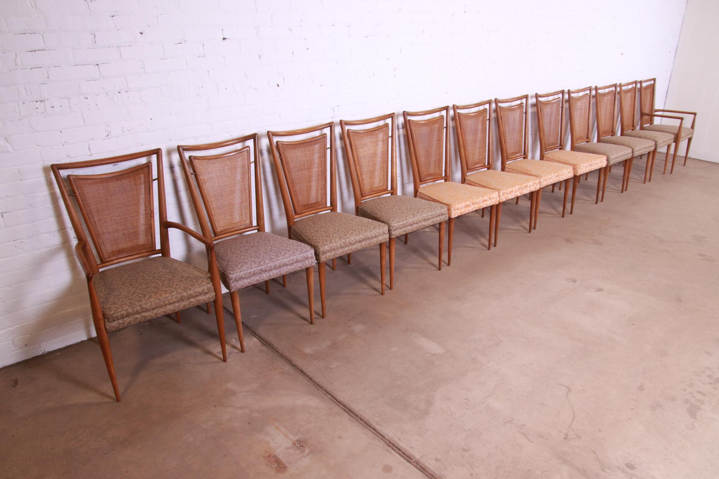 Mid-20th Century J. Stuart Clingman for John Widdicomb Walnut Cane Back Dining Chairs, Twelve