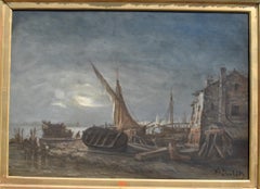J Suchet, Seaside Landscape At Night, Marseille, 19th Century