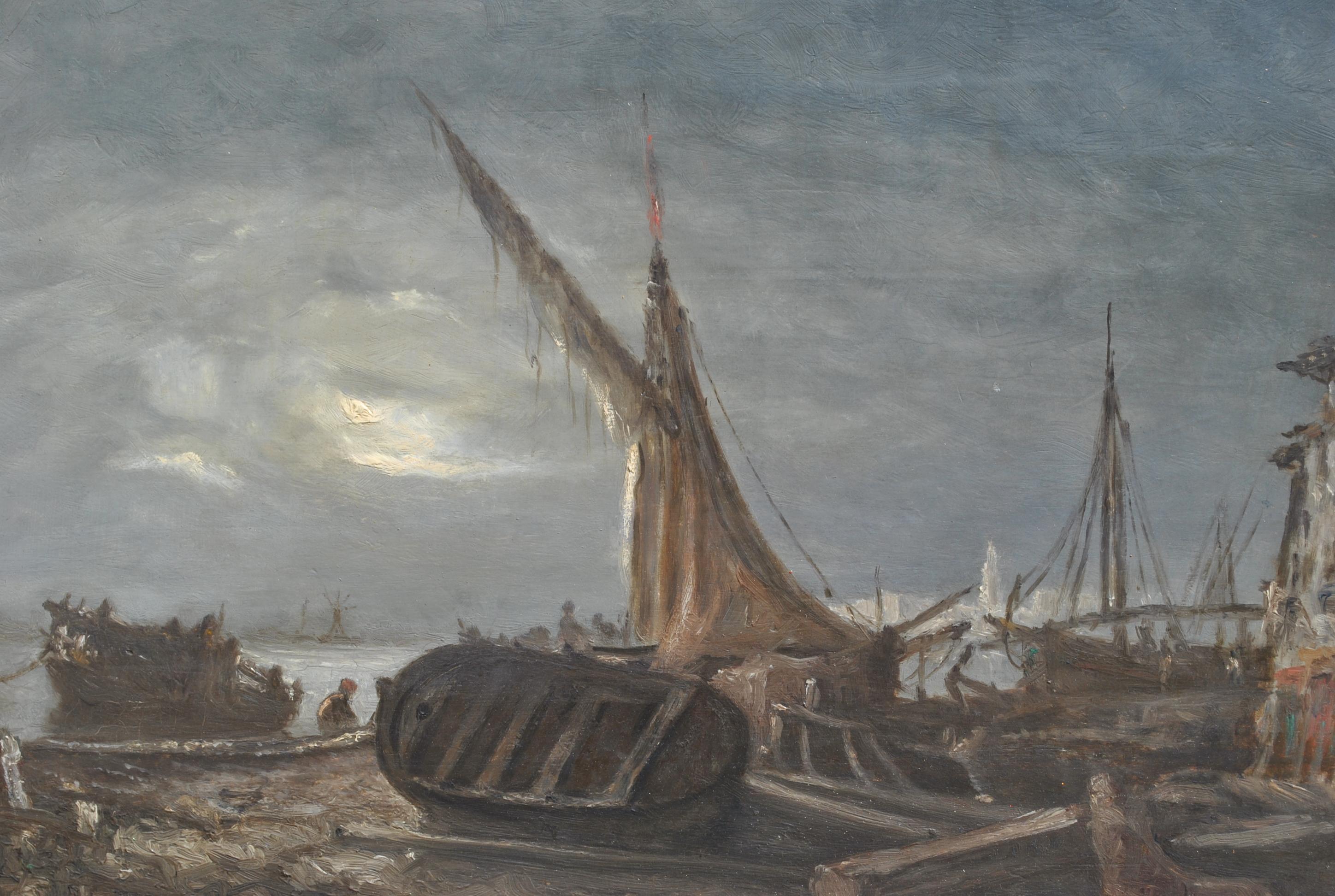 J Suchet, Paisaje marítimo nocturno, Marsella, siglo XIX Pintura en venta