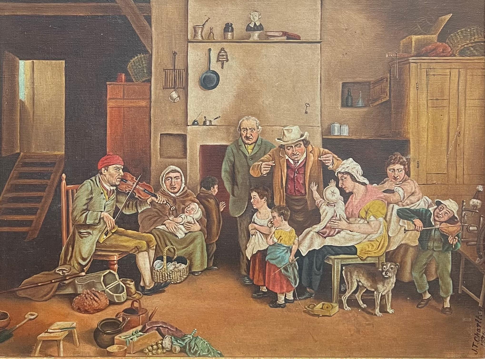 Riunione di famiglia festosa Scena d'interni di un cottage tradizionale con molte figure, olio - Painting di J. T. Charlton