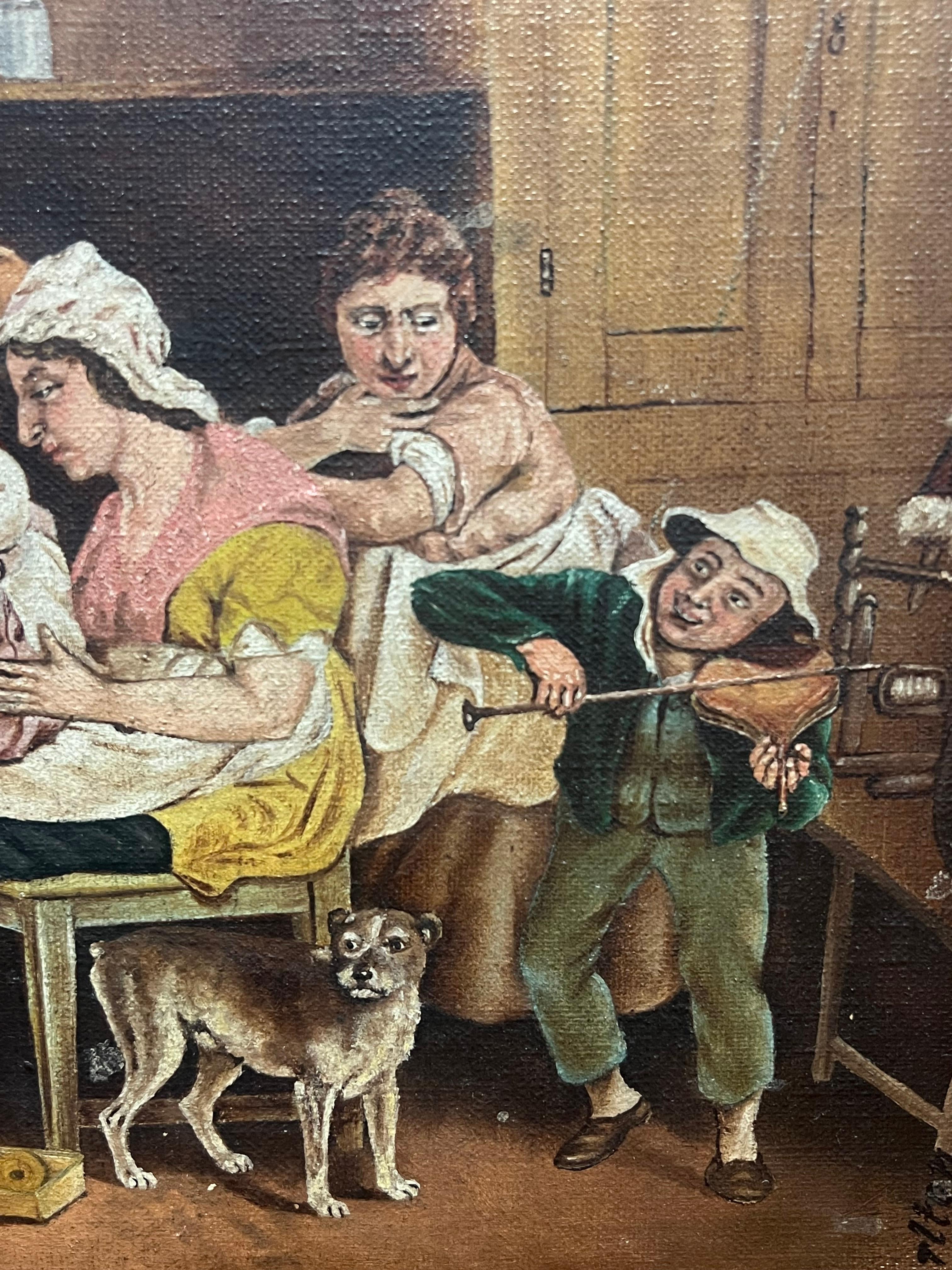 Riunione di famiglia festosa Scena d'interni di un cottage tradizionale con molte figure, olio - Interior Painting Marrone di J. T. Charlton