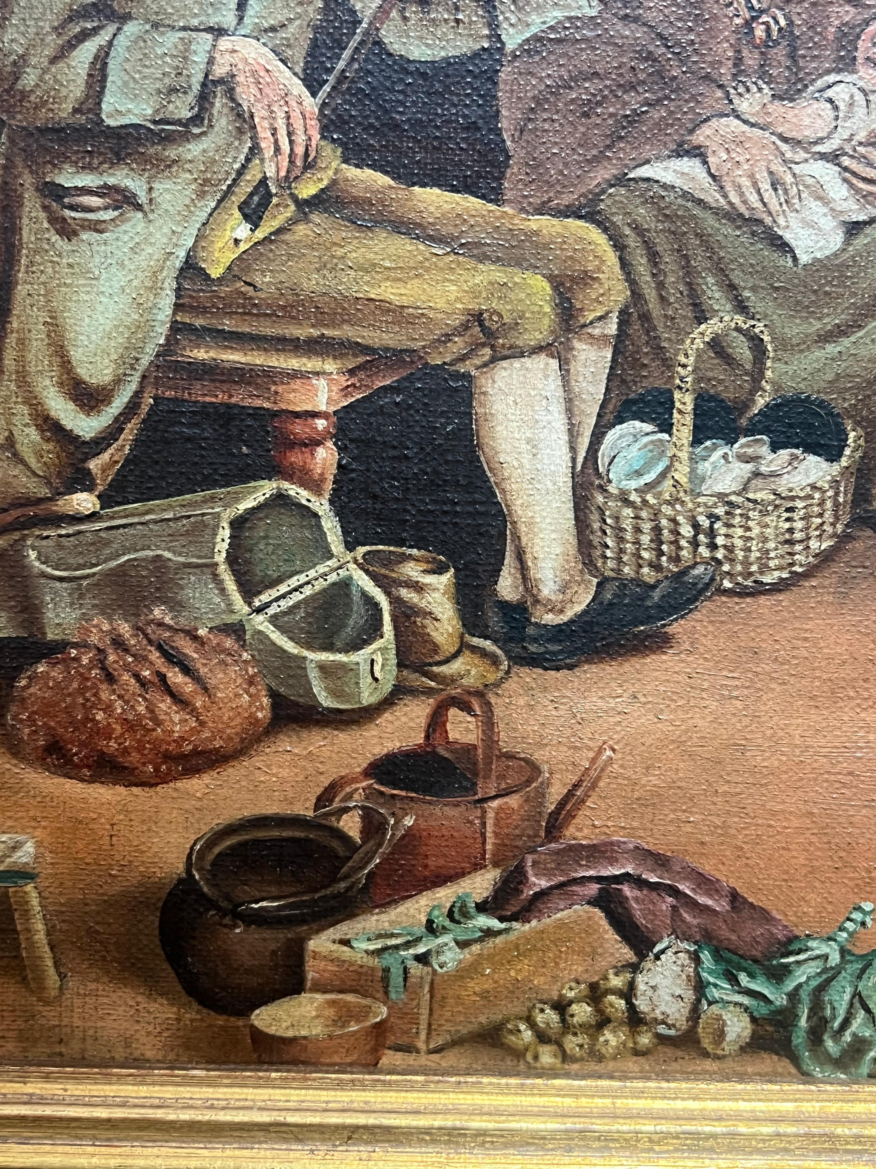 Riunione di famiglia festosa Scena d'interni di un cottage tradizionale con molte figure, olio 3