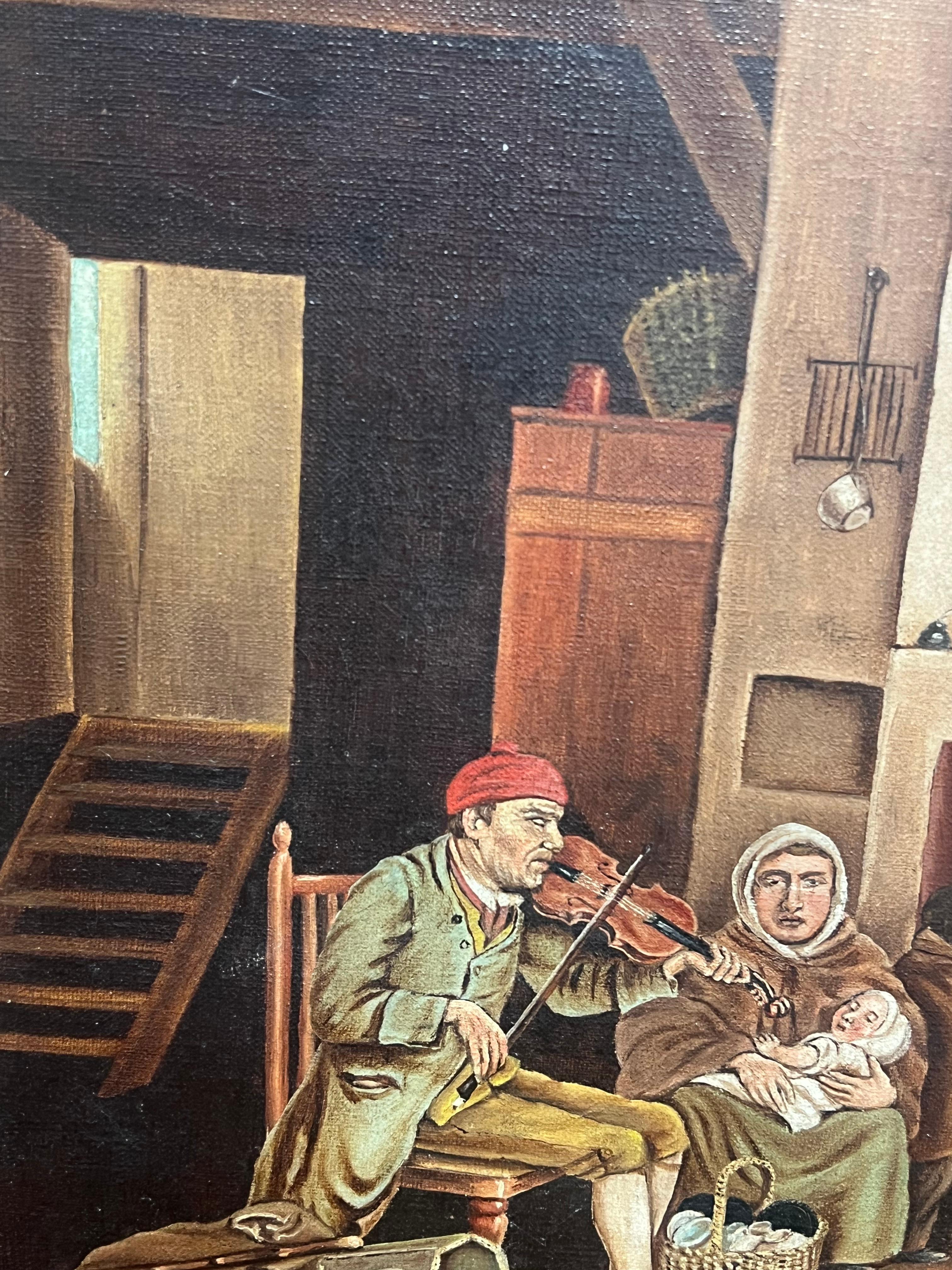 Riunione di famiglia festosa Scena d'interni di un cottage tradizionale con molte figure, olio 4