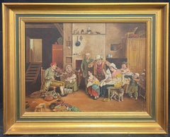 Festive Family Gathering Traditional Cottage Interior Scene Many Figures, oil