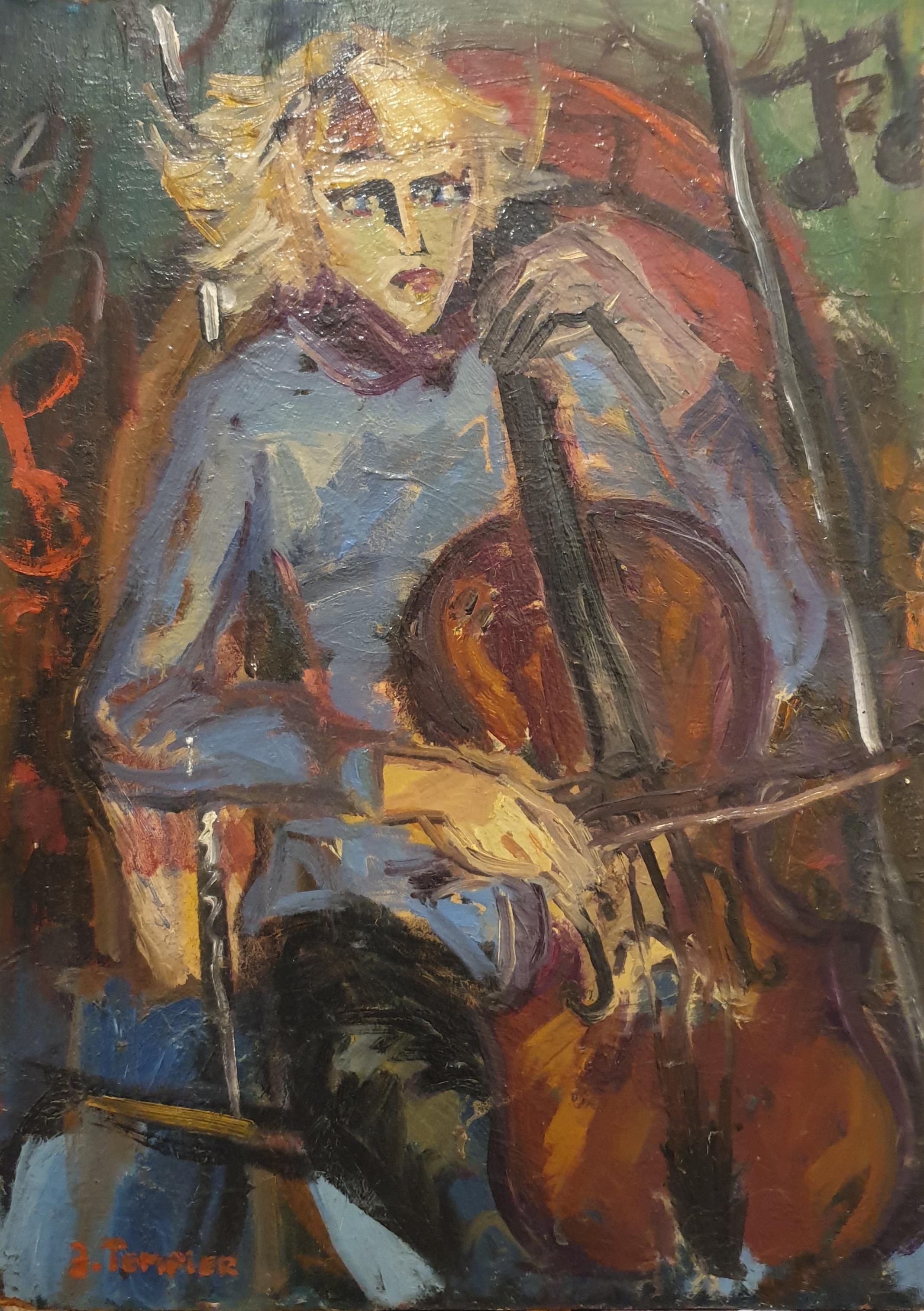 J. Tempier Figurative Painting - French Character Portrait, Le Violoncelliste. (The Cellist). Allegro !