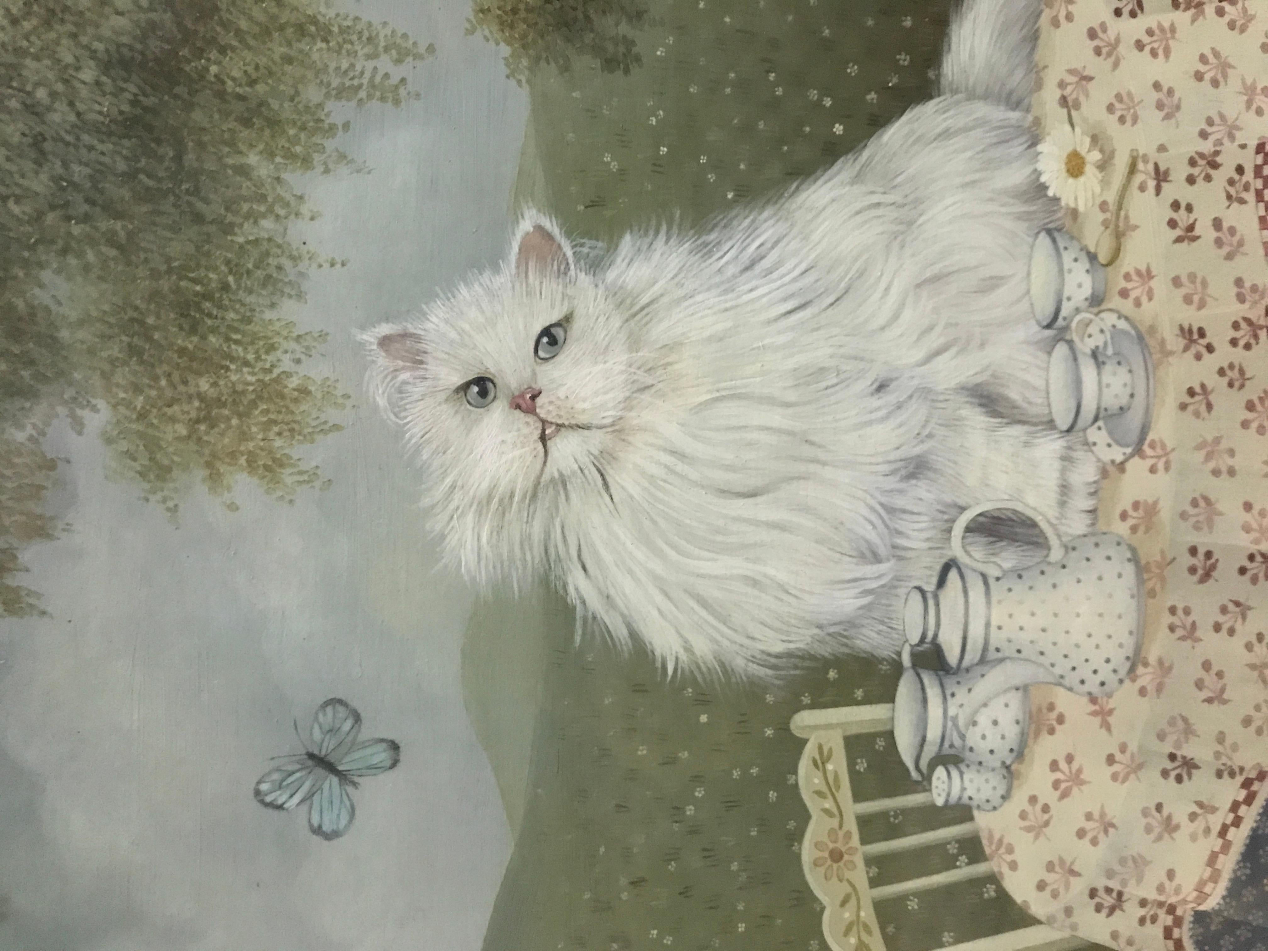 Il gatto che ha preso la panna, olio originale su tela, 20° secolo, firmato e datato '79 - Painting Romantico di J. Thompson