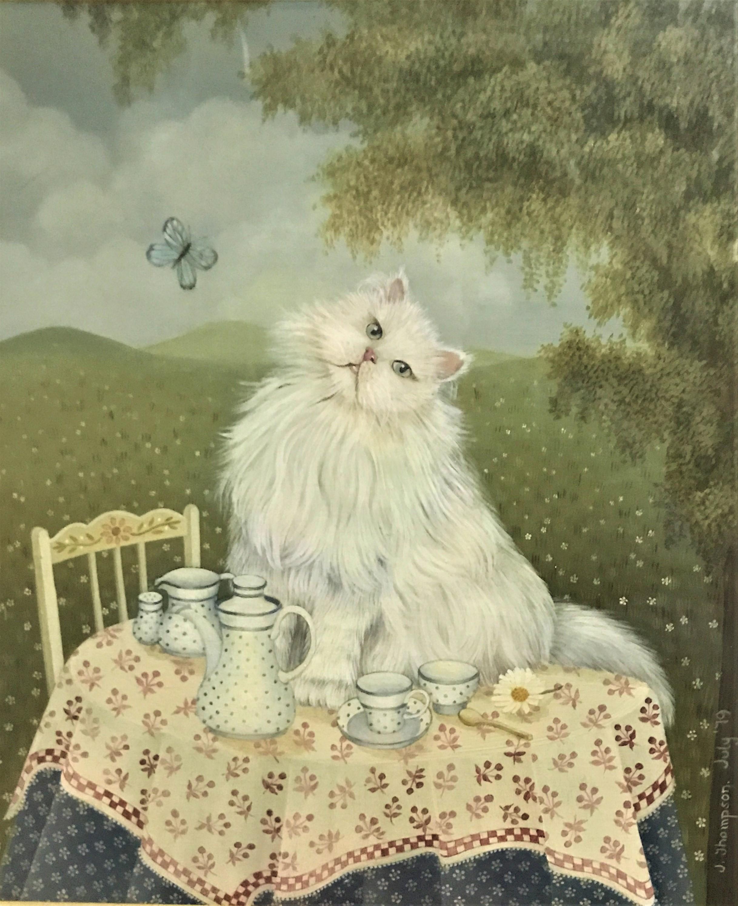 Animal Painting di J. Thompson - Il gatto che ha preso la panna, olio originale su tela, 20° secolo, firmato e datato '79