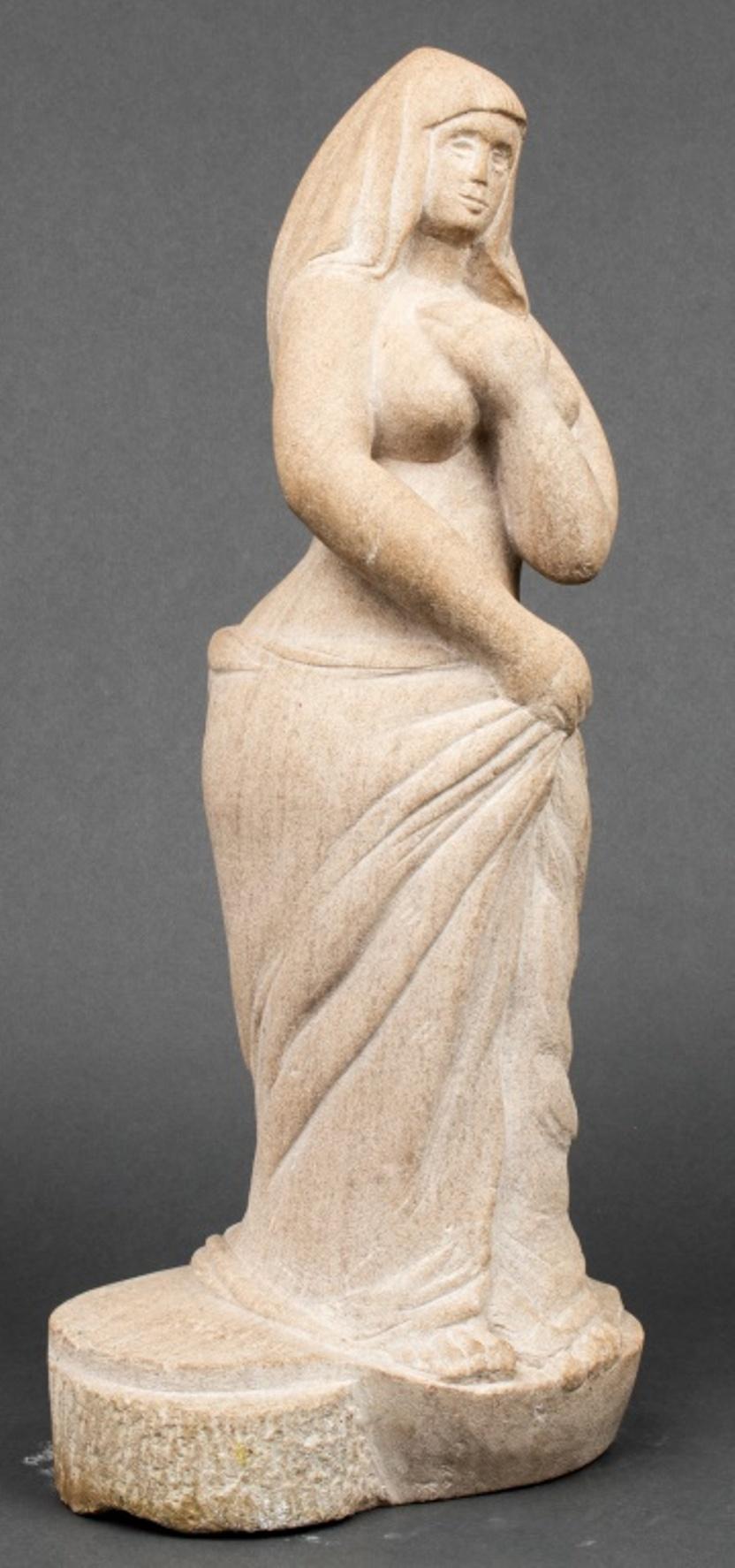 Carved stone figure of a woman, 20th century, modeled as a woman captured in a moment of contemplation, inscribed to base 