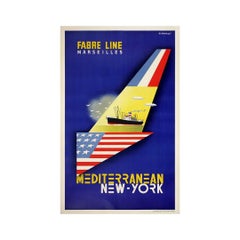 Original 1950s travel poster - Fabre Lines Marseilles Mediterranean New York