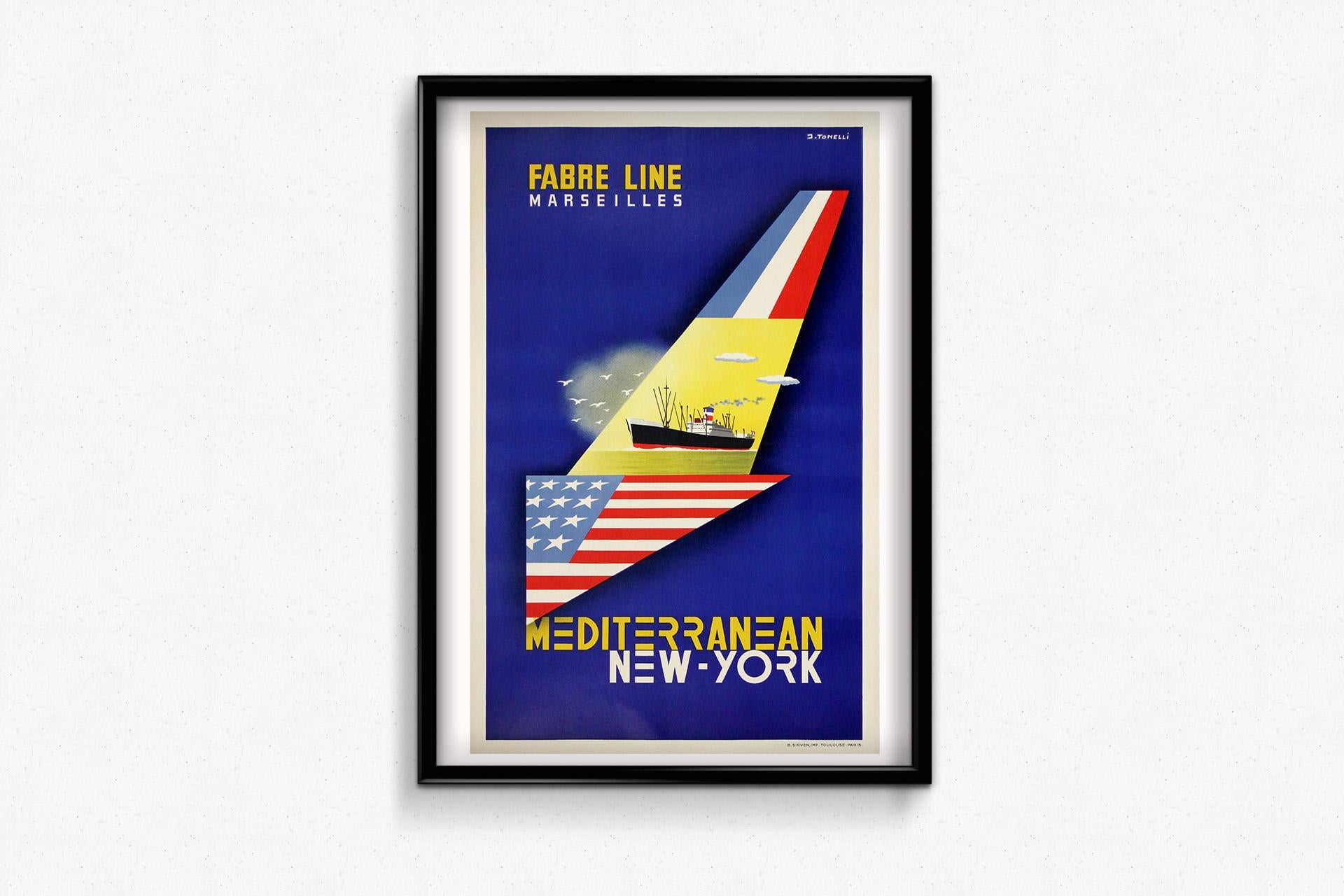 Original 1950s travel poster - Fabre Lines Marseilles Mediterranean New York - Purple Print by J. Tonelli