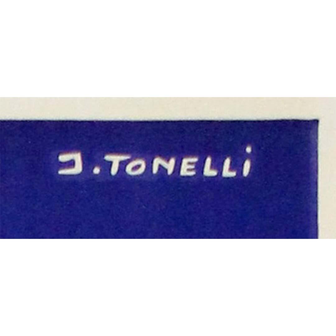 This striking original 1950s travel poster by J. Tonelli advertises the legendary Fabre Line—a key player in transatlantic ocean travel connecting Marseilles to New York via the Mediterranean.

Rendered in a bold modernist style, the design cleverly