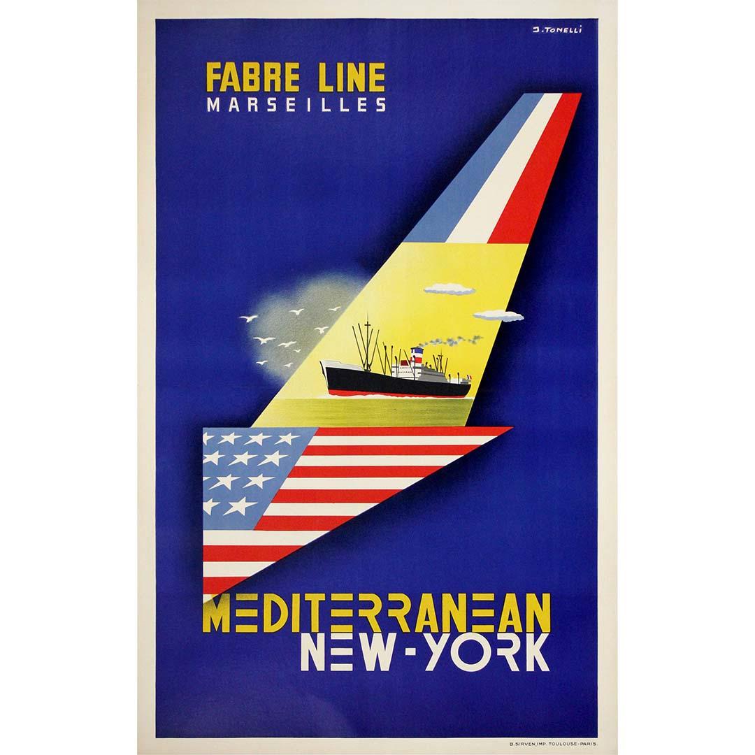 Original 1950s travel poster - Fabre Lines Marseilles Mediterranean New York