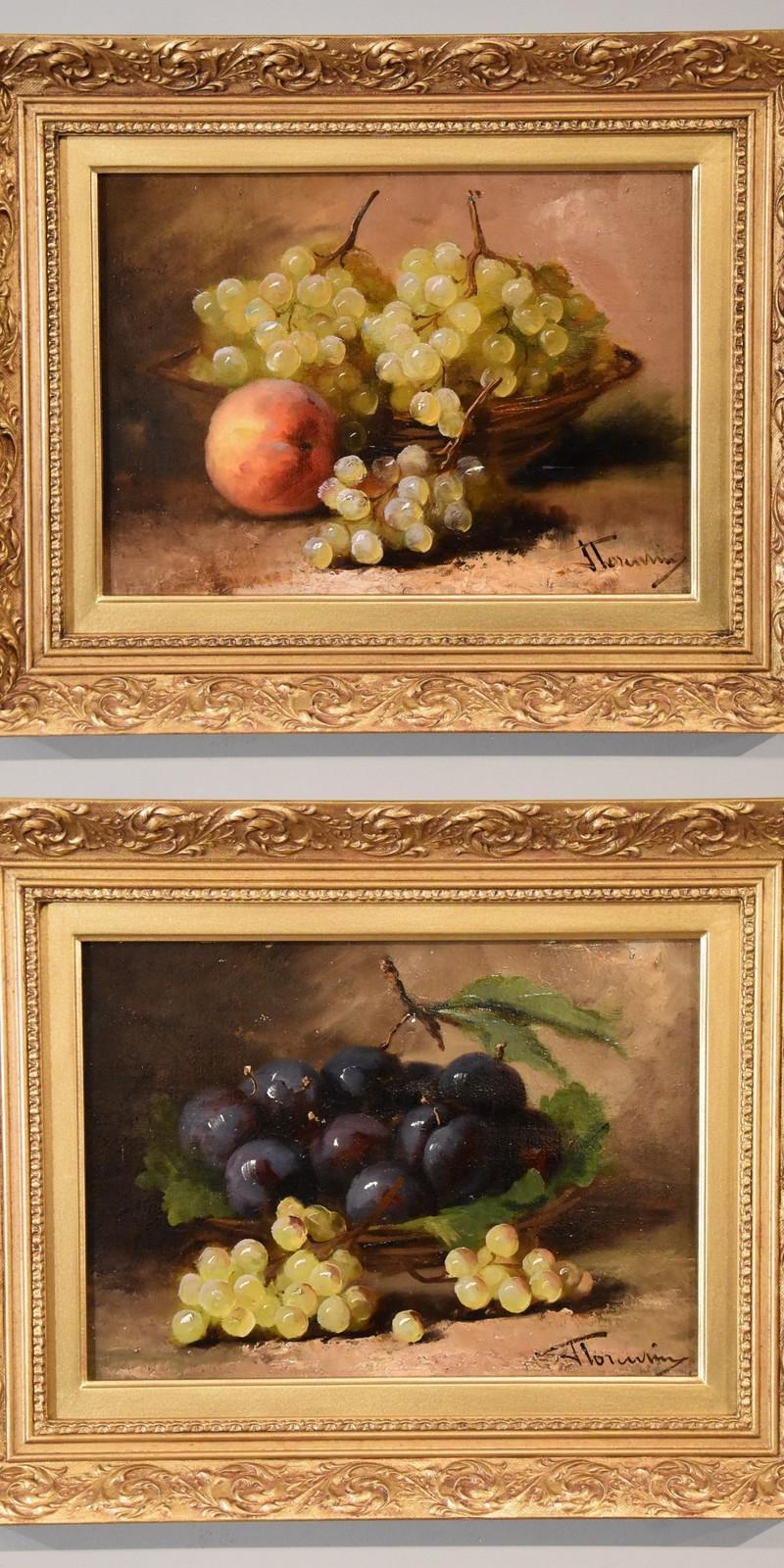 Oil Painting Pair by J Tourvin "White Grapes and Plums" c1900  A french Painter of atmospheric still-life, working around the turn of the century. Both oil on canvas. Signed.

Dimensions unframed  9 x 12
Dimensions framed   14 x 17.5

All of the