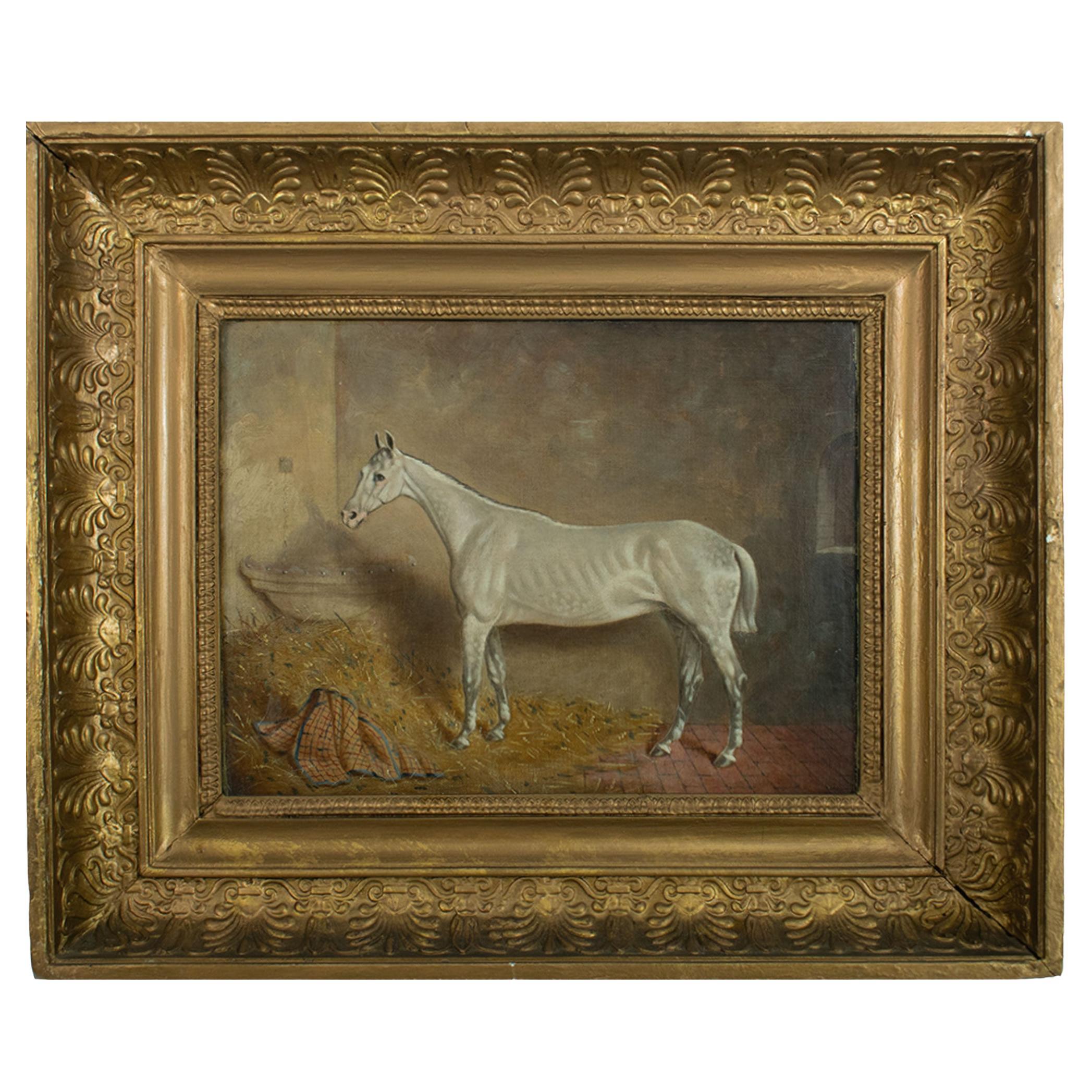 J Truman, dated 1870, Portrait of a White Horse in its Stable, Signed For Sale