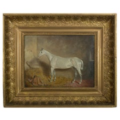 Vintage J Truman, dated 1870, Portrait of a White Horse in its Stable, Signed