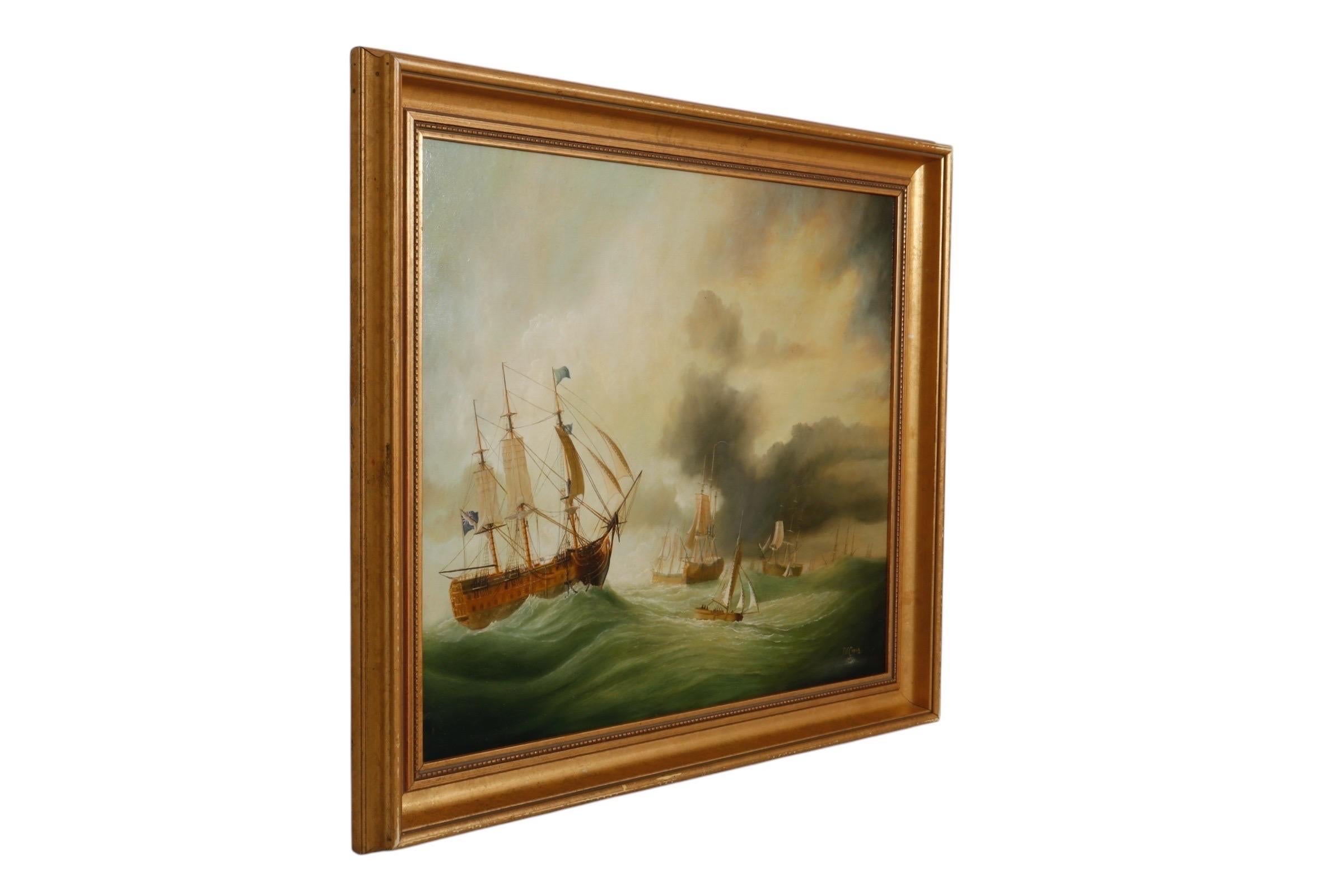 A framed oil on canvas by listed British artist J V Capua (b. 1949). The scene depicts the channel fleet, consisting of frigates, gunbrigs, sloops and gunboats on slightly rough seas against a changeable sky, signed in the lower right corner and