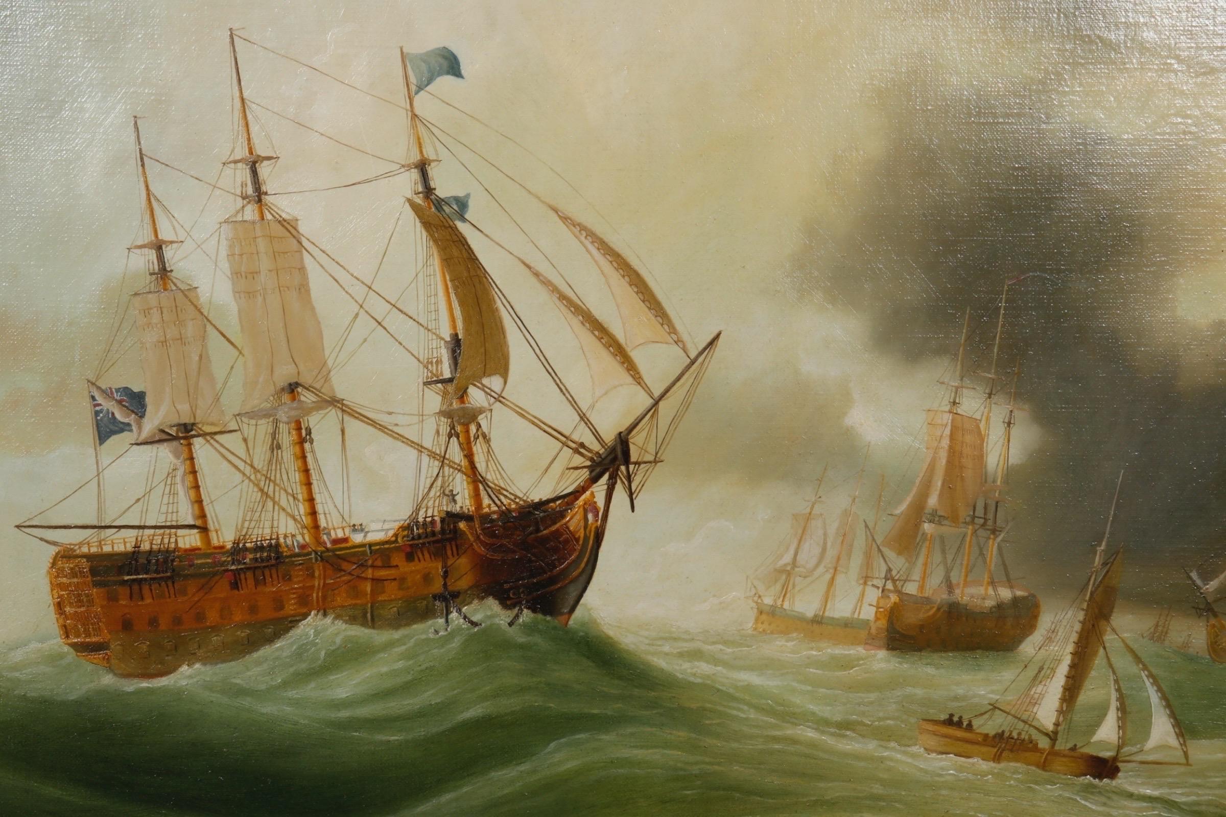 20th Century J. V. Capua Signed Original Oil on Canvas “Lord Cornwallis Signals Make Sail” For Sale