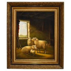 J. Van Baelen Óleo sobre lienzo, "Ovejas en un establo"