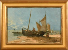 19th Century Dutch Oil Beach Scene Fisher folk tending their Boats on Shore