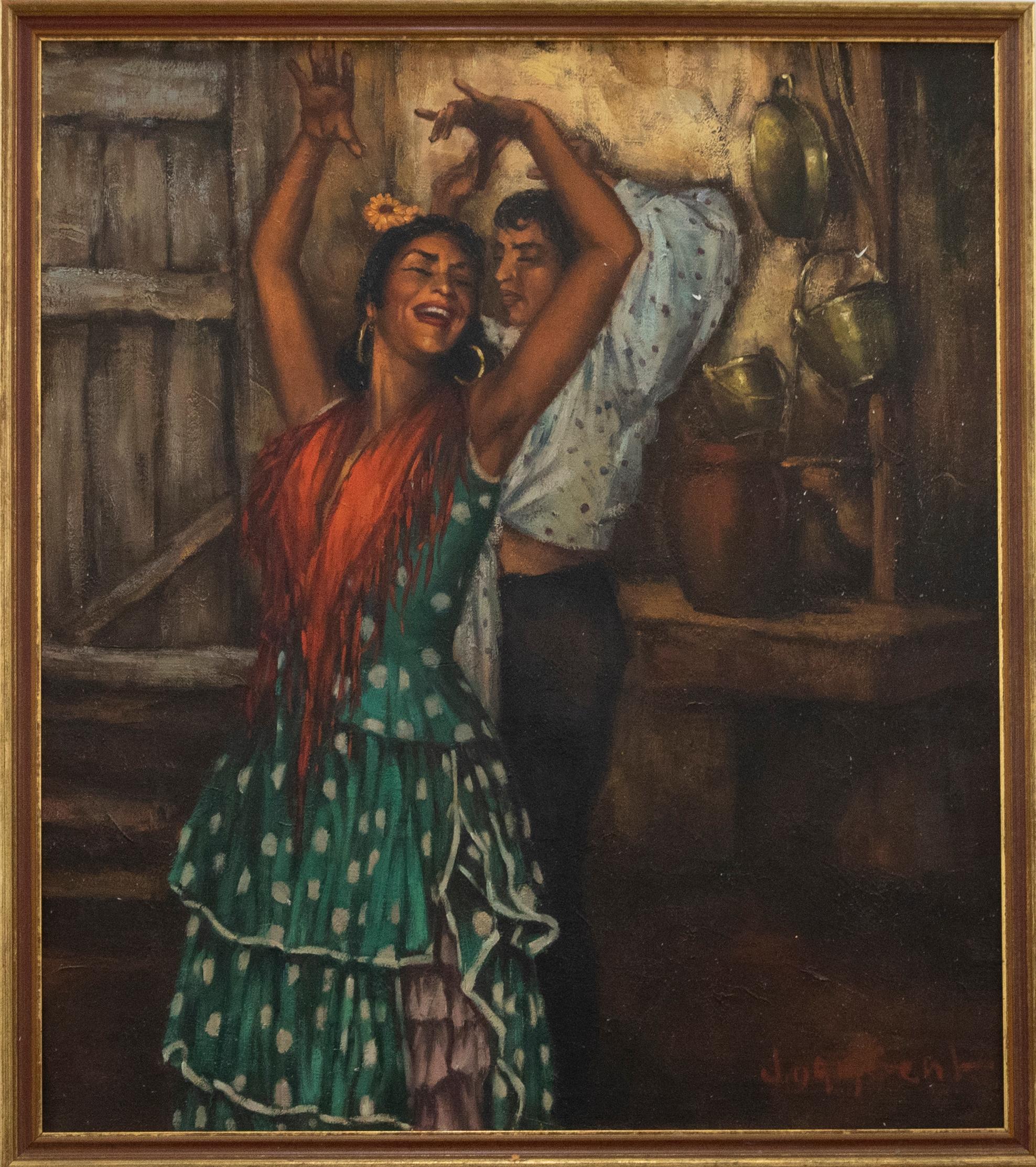 Scène saisissante représentant deux danseuses espagnoles jouant du flamenco. Le couple affiche une expression joyeuse en dansant, vêtu de vêtements traditionnels colorés. Signé en bas à droite. Inscrit au verso : ''La Pepa' Cueva Gitano Granada'