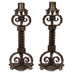 J Van Loo Pair of Art Deco Industrial Brutalist Steel Candlesticks/Lamp Bases