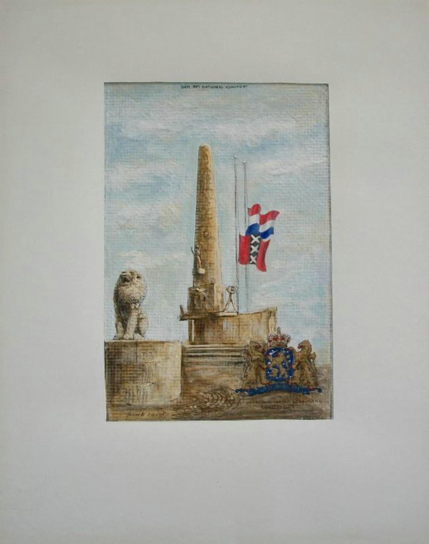 J. VET – Amsterdamer Nationaldenkmal – handkolorierter Druck – Niederlande – ca. 1986 im Angebot 4