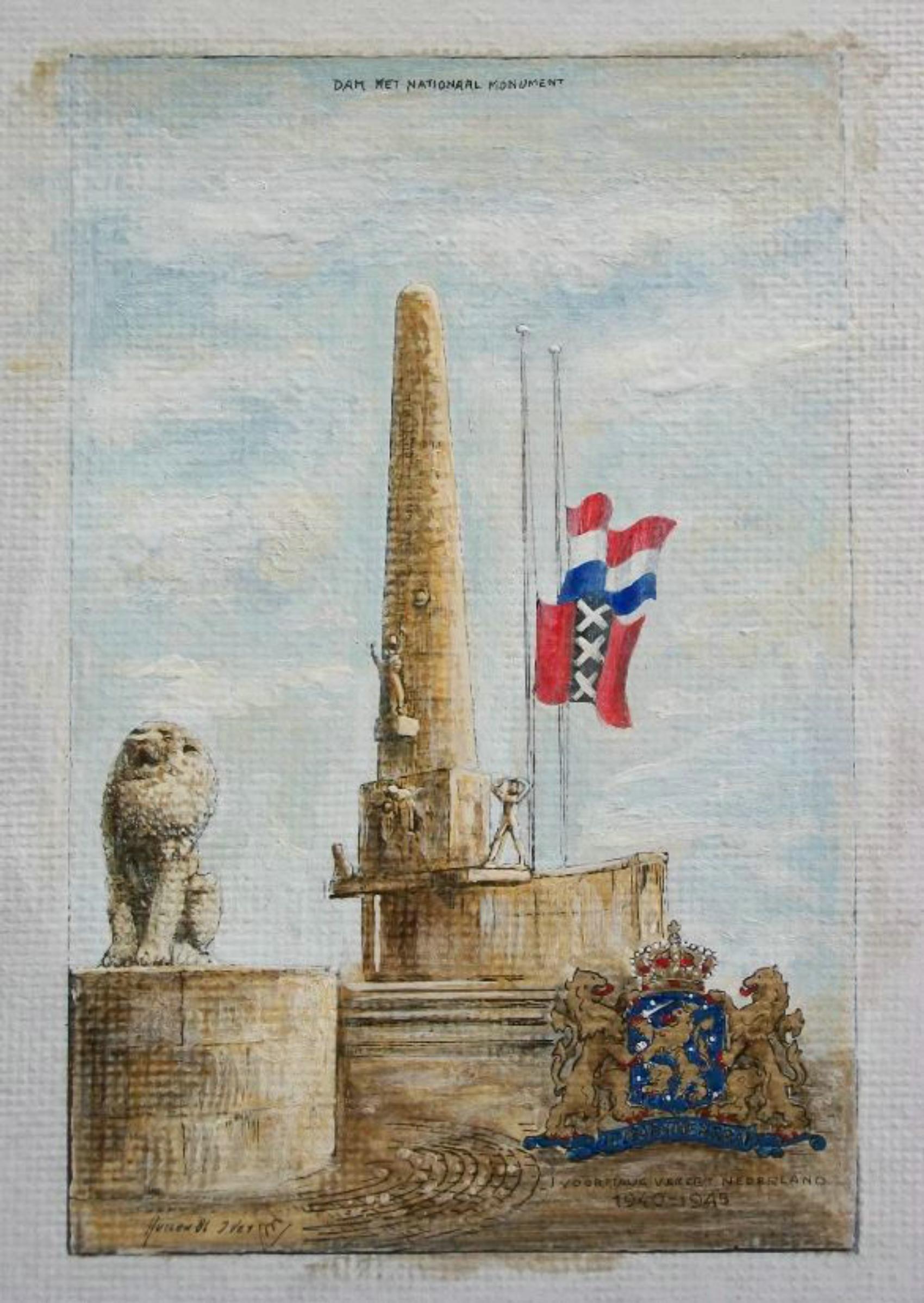 J. VET - Amsterdam National Monument - WWII - Vintage Originaldruck - handkoloriert mit Ölfarben und Lack - niederländisches königliches Wappen unten rechts - Amsterdamer Stadtflagge und niederländische Flaggen auf Halbmast - betitelt Mitte oberer