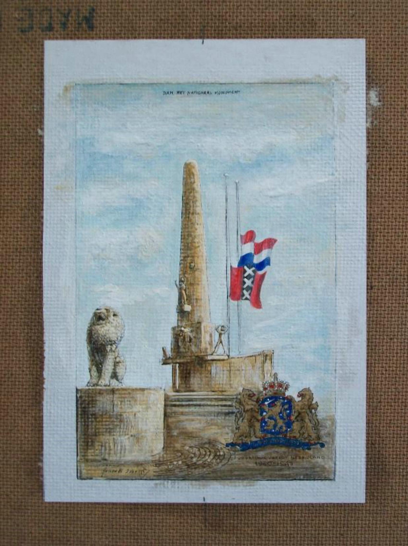 J. VET – Amsterdamer Nationaldenkmal – handkolorierter Druck – Niederlande – ca. 1986 (Niederländisch) im Angebot